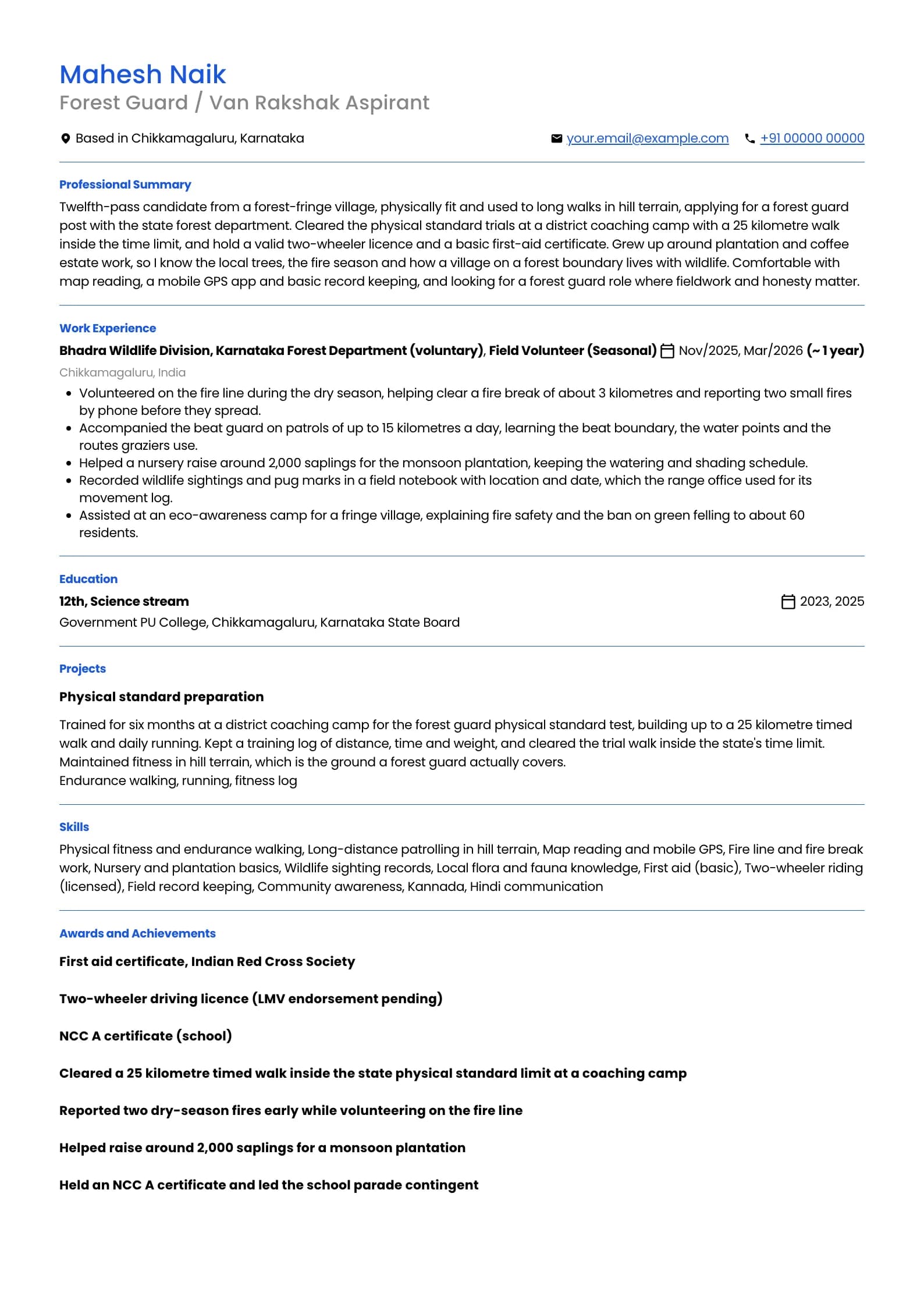 Forest Guard resume example for Fresher (0 years), professional template, showing professional summary, work experience, projects, skills, education and certifications