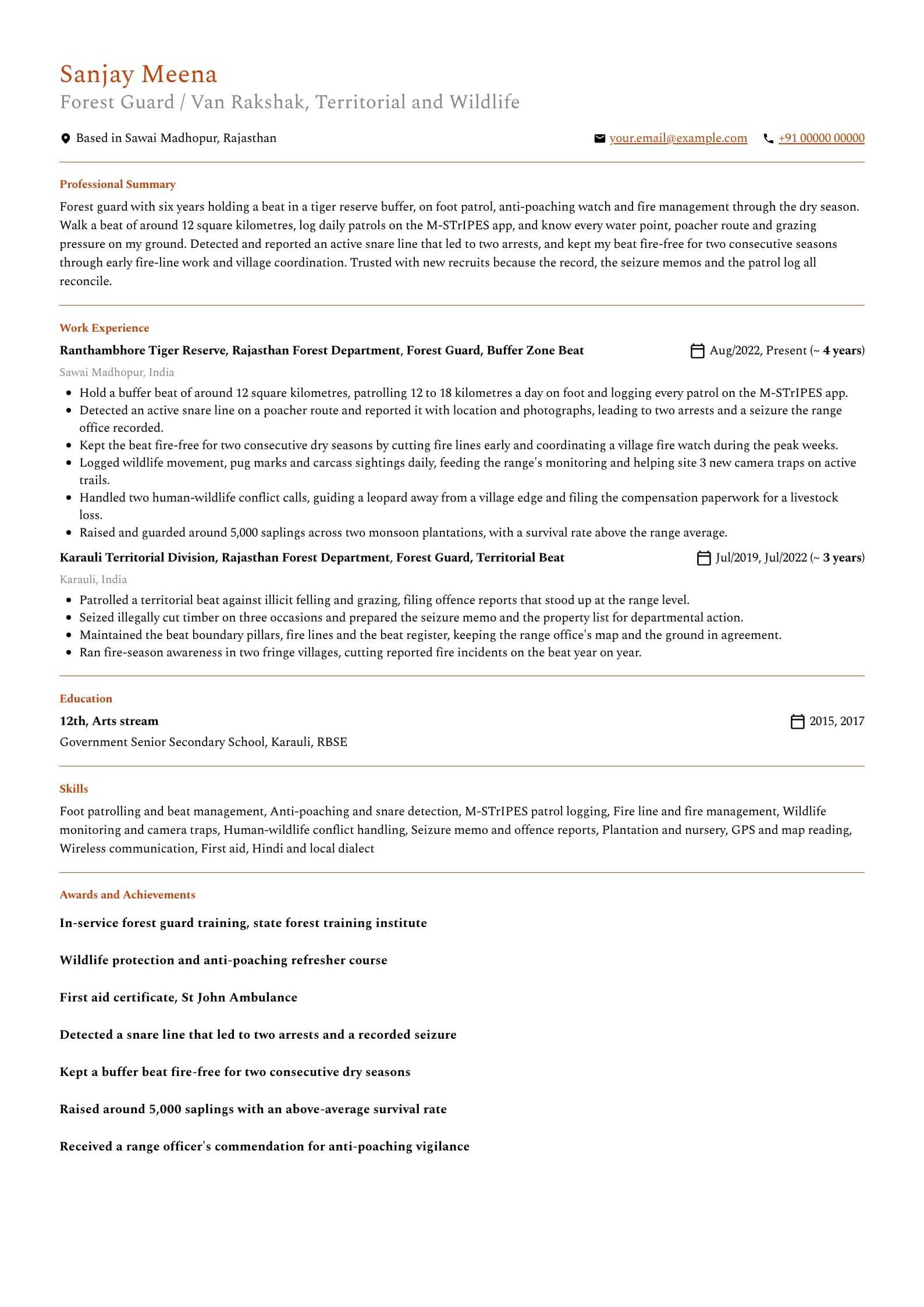 Forest Guard resume example for Experienced (6 years), minimalist template, showing professional summary, work experience, skills, education and certifications