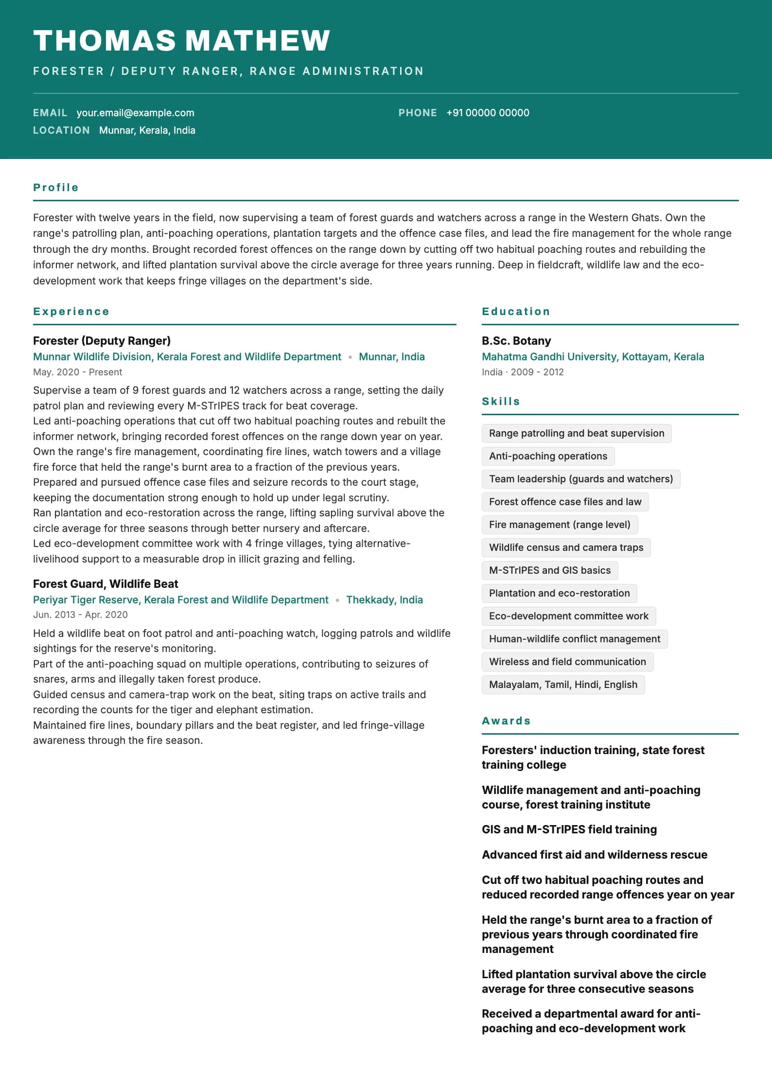Forest Guard resume example for Forester (12 years), header-band template, showing professional summary, work experience, skills, education and certifications