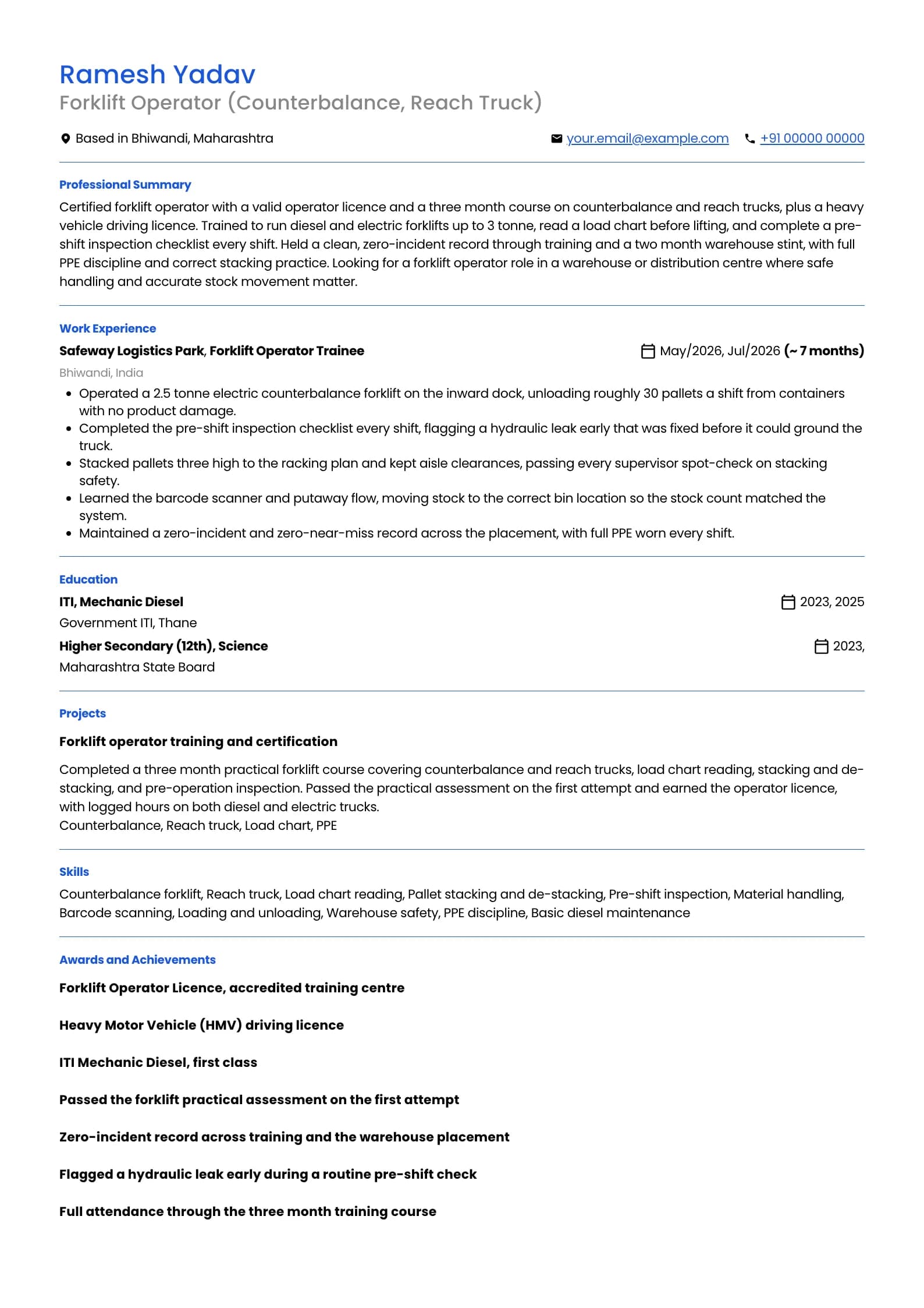 Forklift Operator resume example for Licensed Fresher (0 to 1 year), minimalist template, showing professional summary, work experience, projects, skills, education and certifications