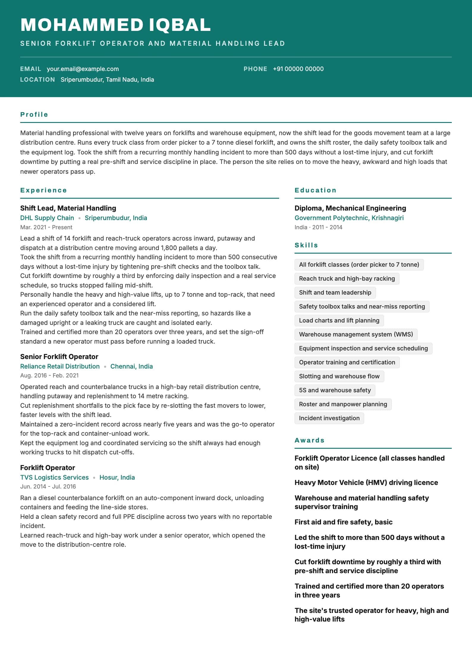 Forklift Operator resume example for Senior Operator and Team Lead (12 years), header-band template, showing professional summary, work experience, skills, education and certifications