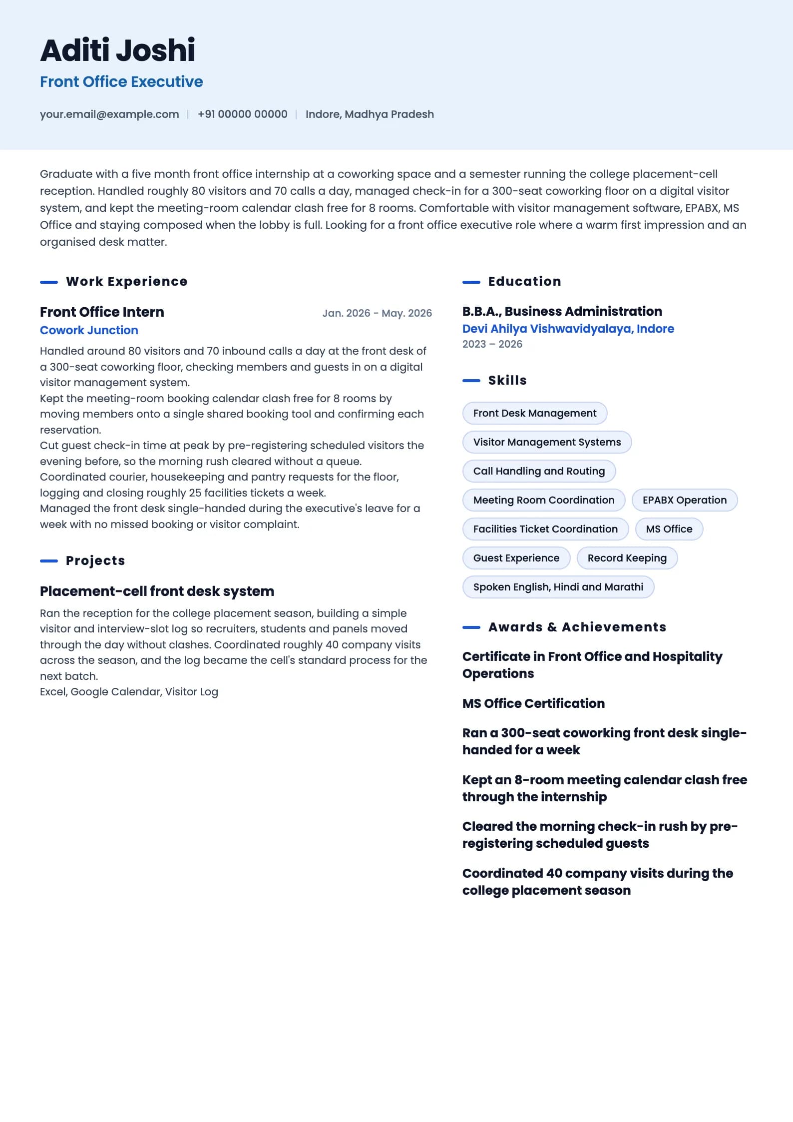 Front Office Executive resume example for Fresher (0 years), ai-era template, showing professional summary, work experience, projects, skills, education and certifications