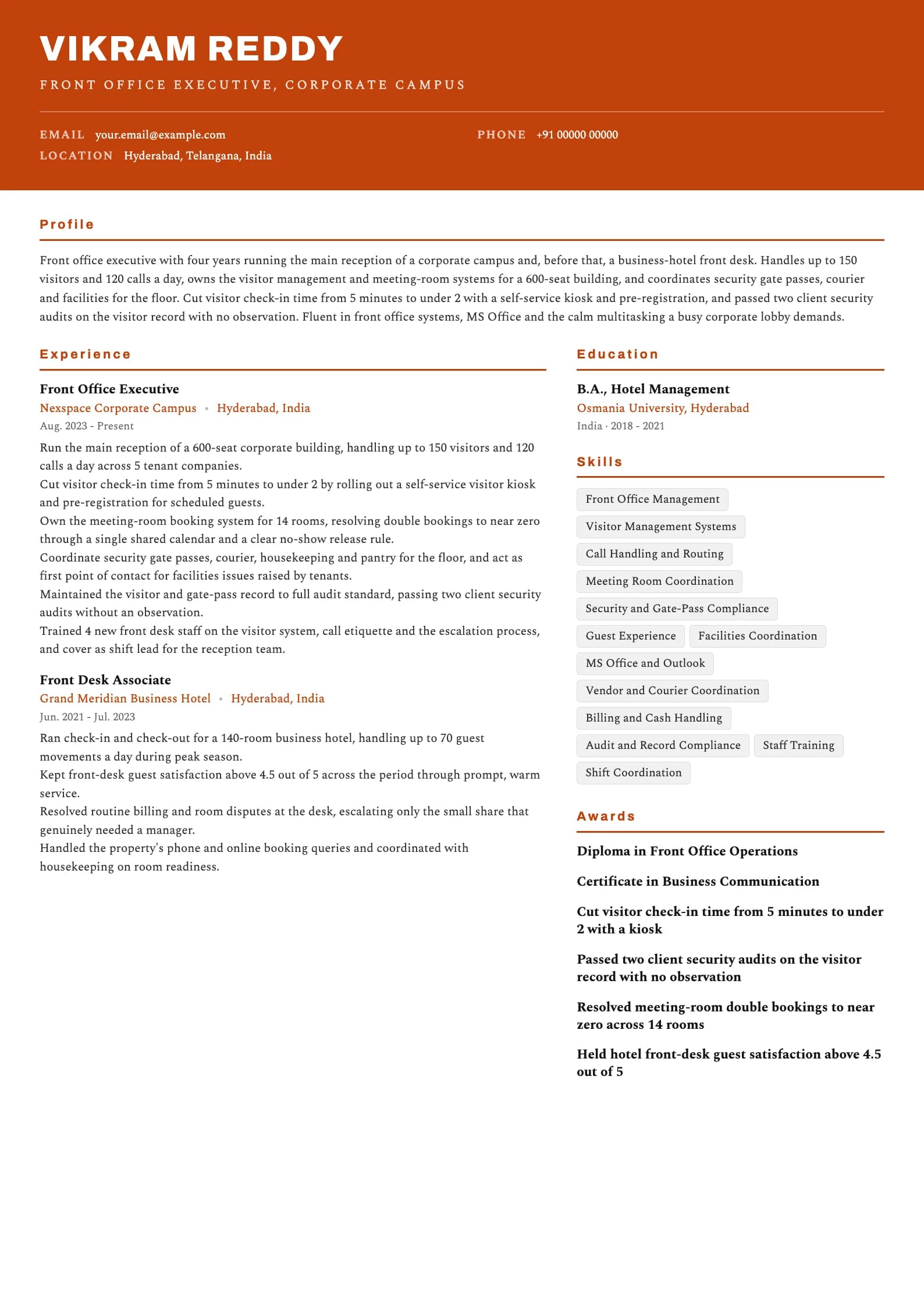 Front Office Executive resume example for Mid-level (4 years), header-band template, showing professional summary, work experience, skills, education and certifications