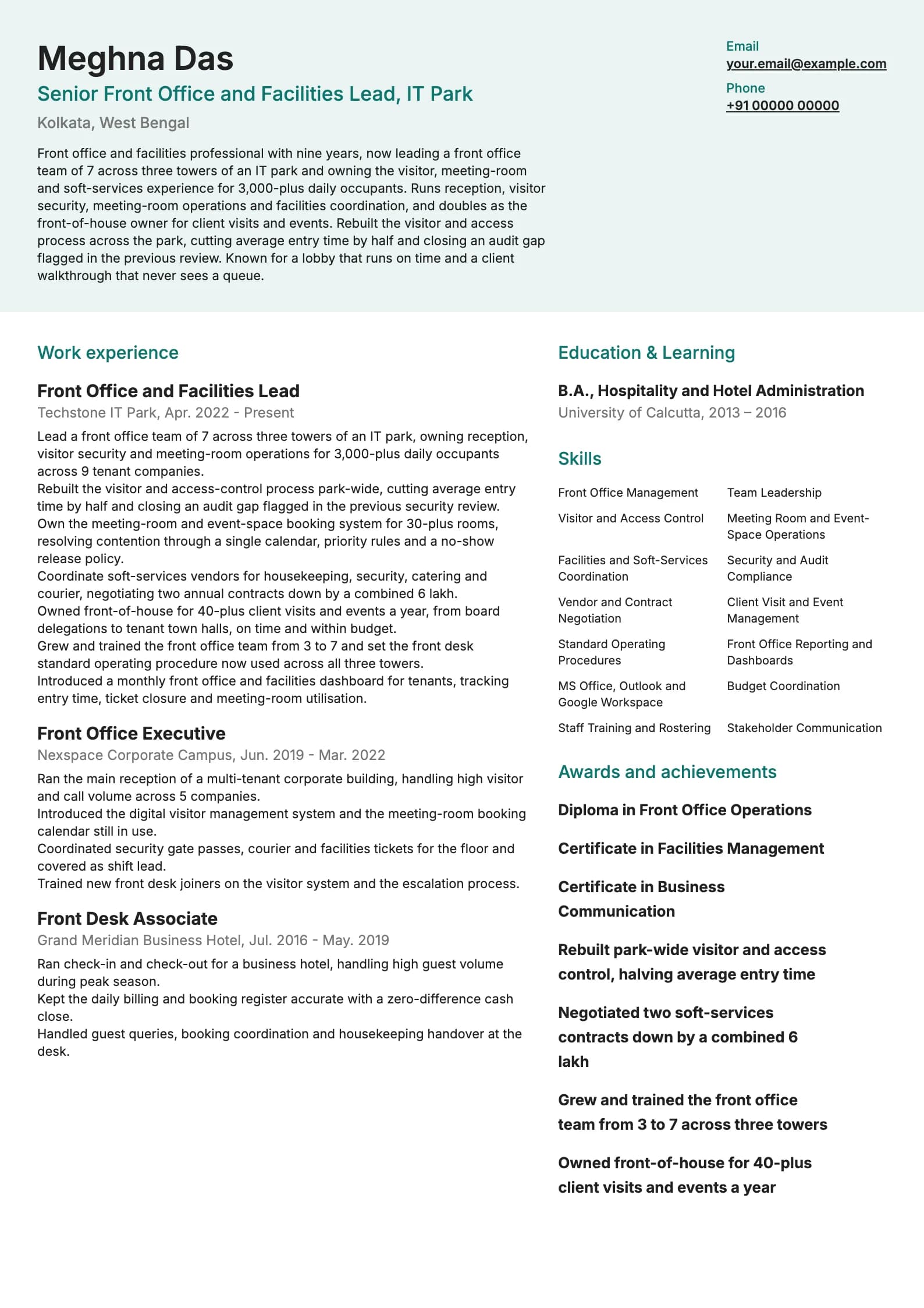 Front Office Executive resume example for Senior (9 years), modern template, showing professional summary, work experience, skills, education and certifications