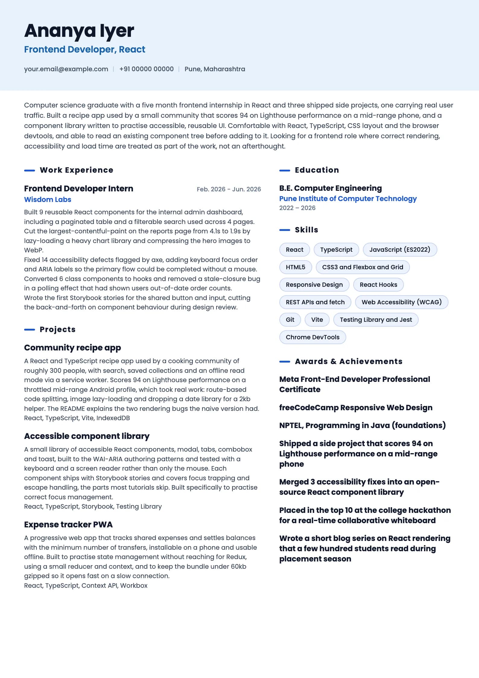 Frontend Developer resume example for Fresher (0 years), ai-era template, showing professional summary, work experience, projects, skills, education and certifications