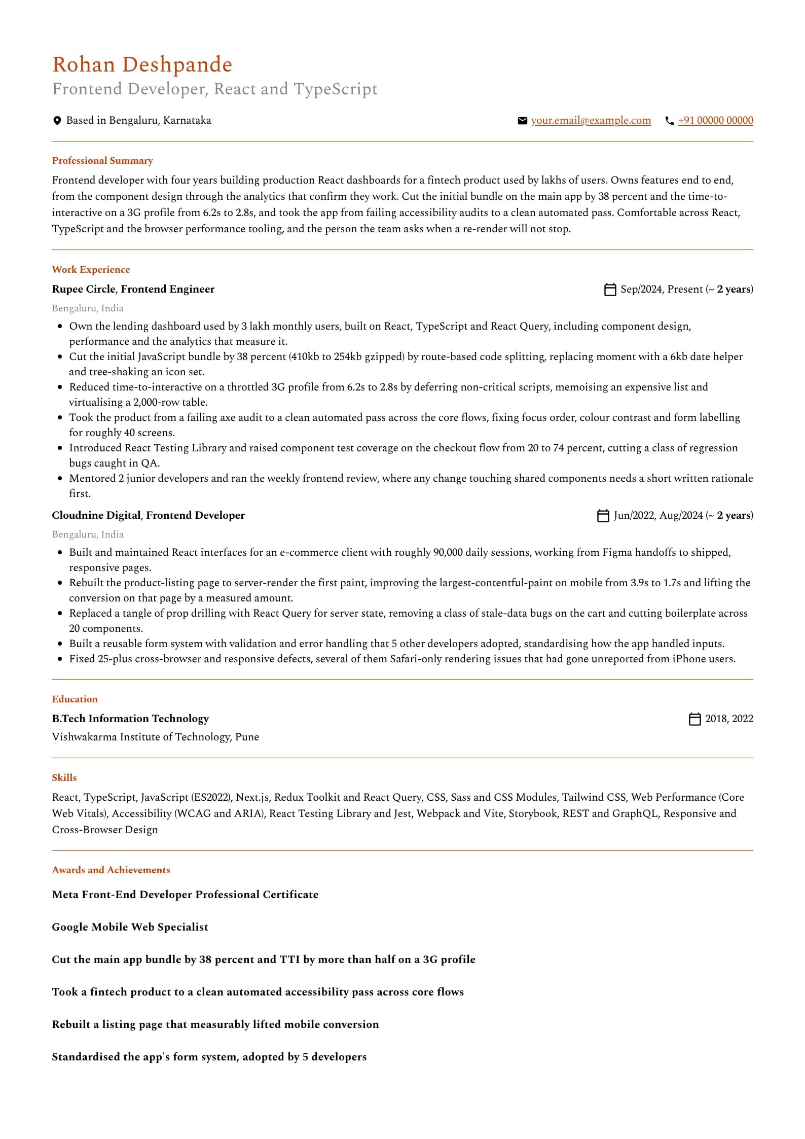 Frontend Developer resume example for Mid-level (4 years), professional template, showing professional summary, work experience, skills, education and certifications