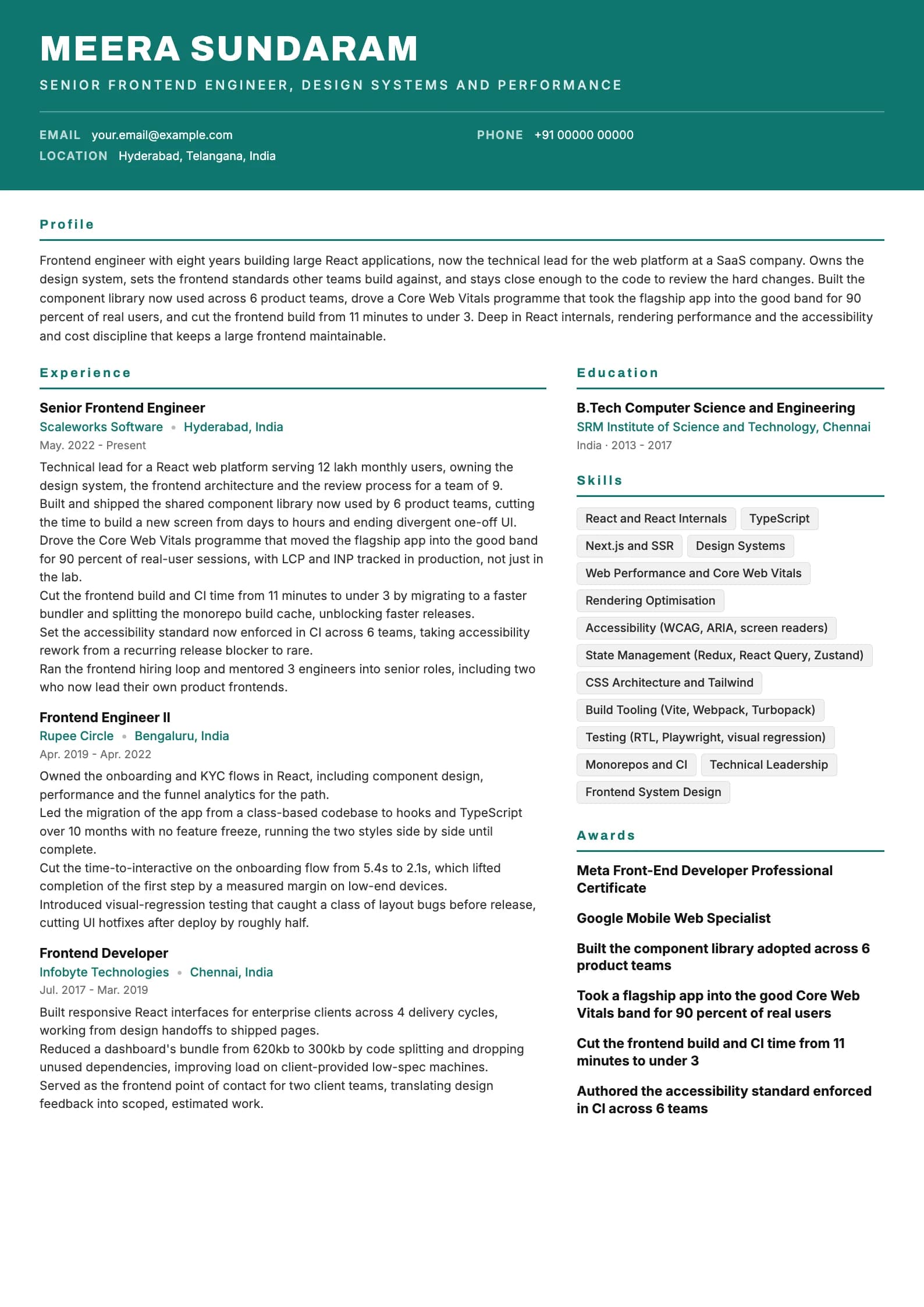 Frontend Developer resume example for Senior (8 years), header-band template, showing professional summary, work experience, skills, education and certifications