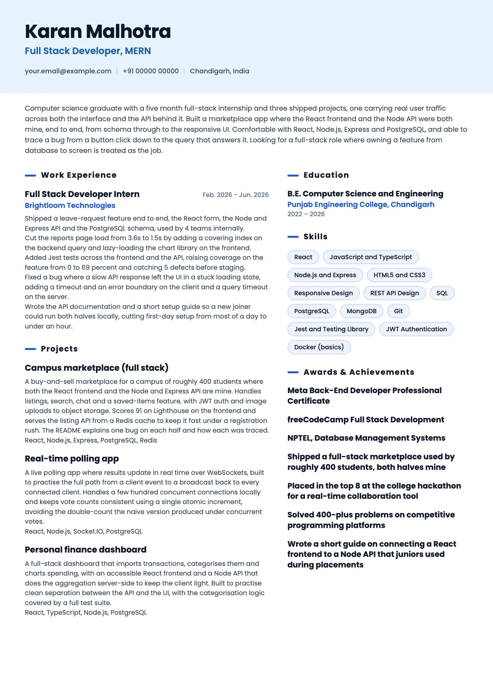 Full Stack Developer resume example for Fresher (0 years), ai-era template, showing professional summary, work experience, projects, skills, education and certifications