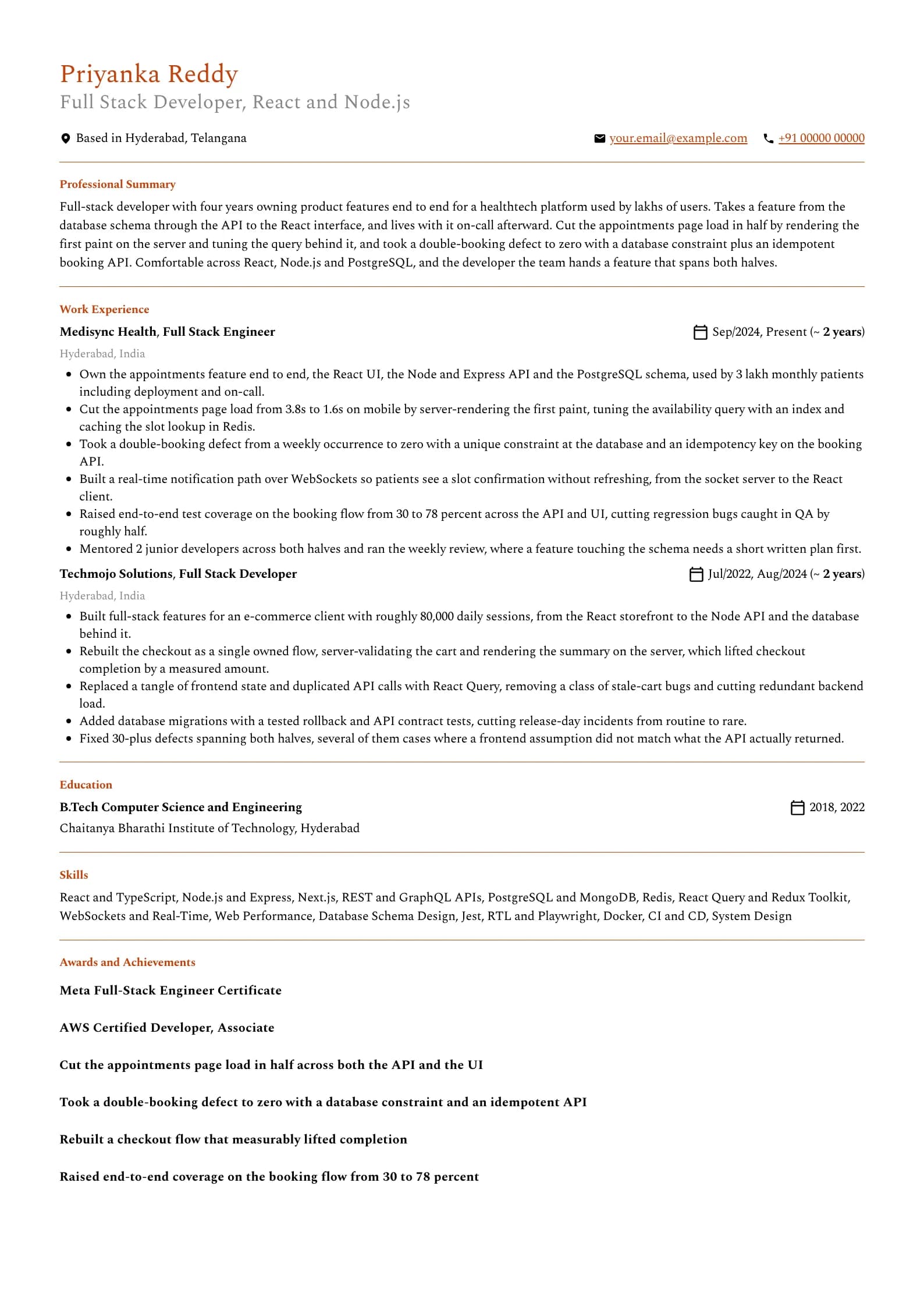 Full Stack Developer resume example for Mid-level (4 years), professional template, showing professional summary, work experience, skills, education and certifications