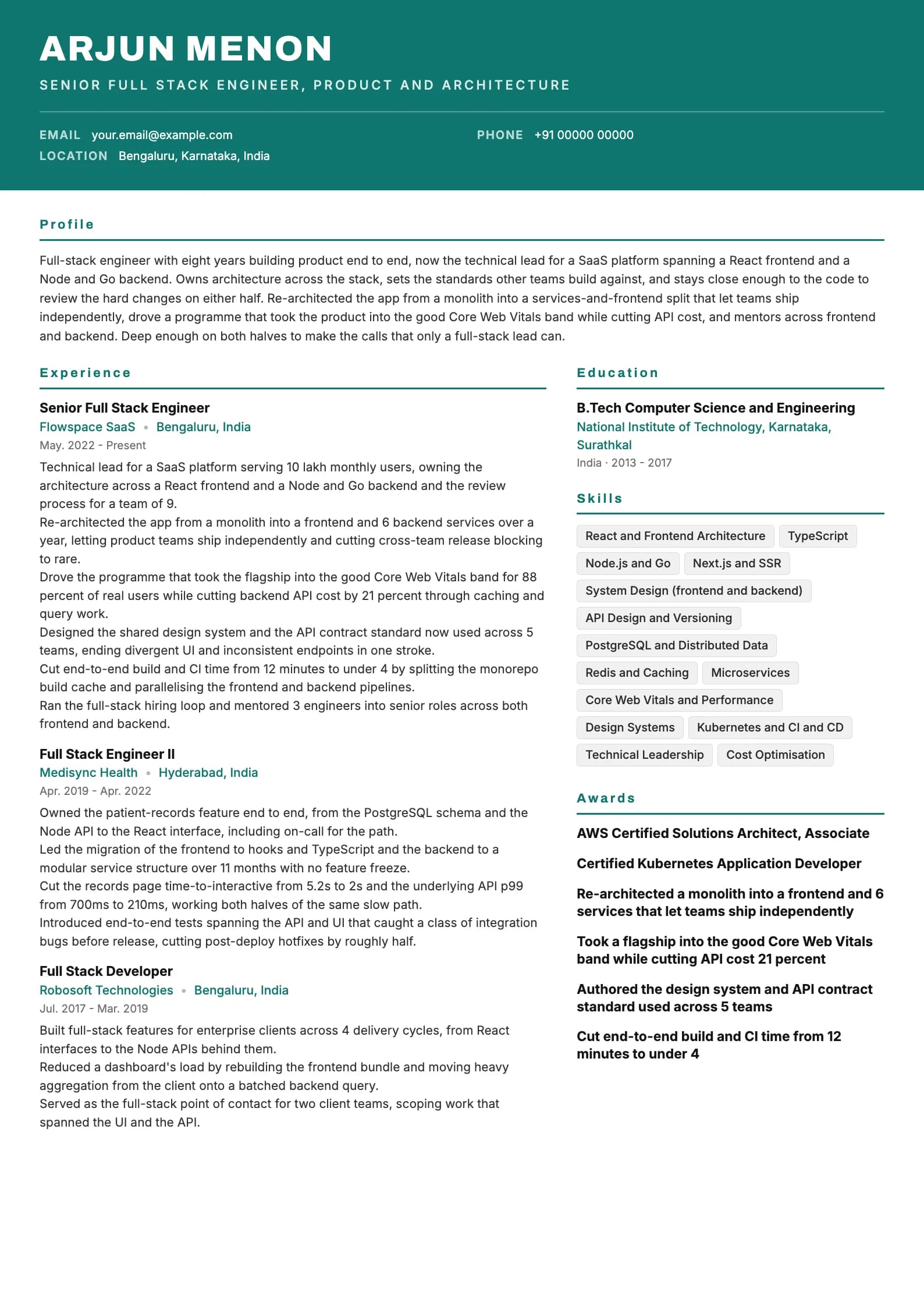 Full Stack Developer resume example for Senior (8 years), header-band template, showing professional summary, work experience, skills, education and certifications