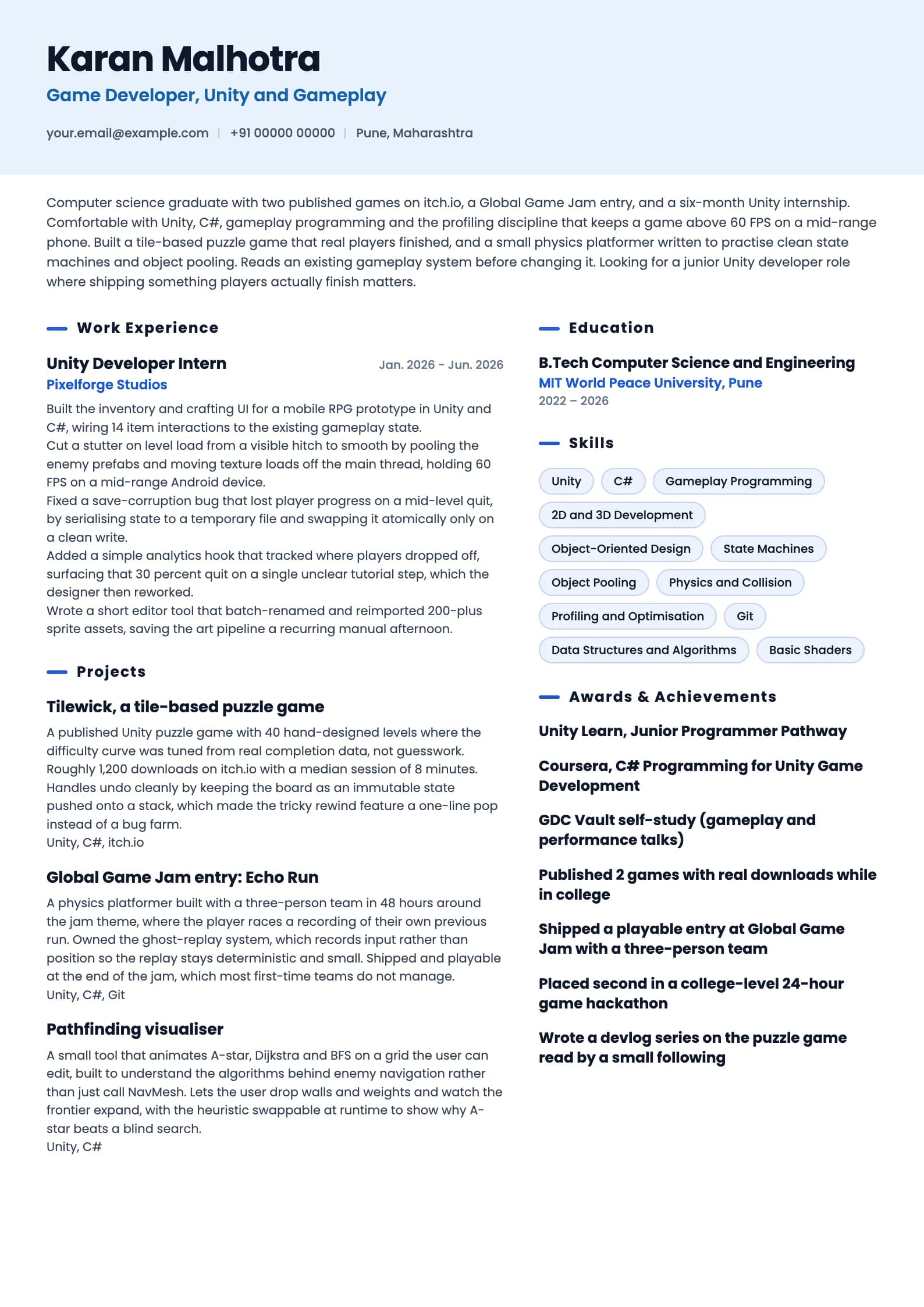 Game Developer resume example for Fresher (0 years), ai-era template, showing professional summary, work experience, projects, skills, education and certifications