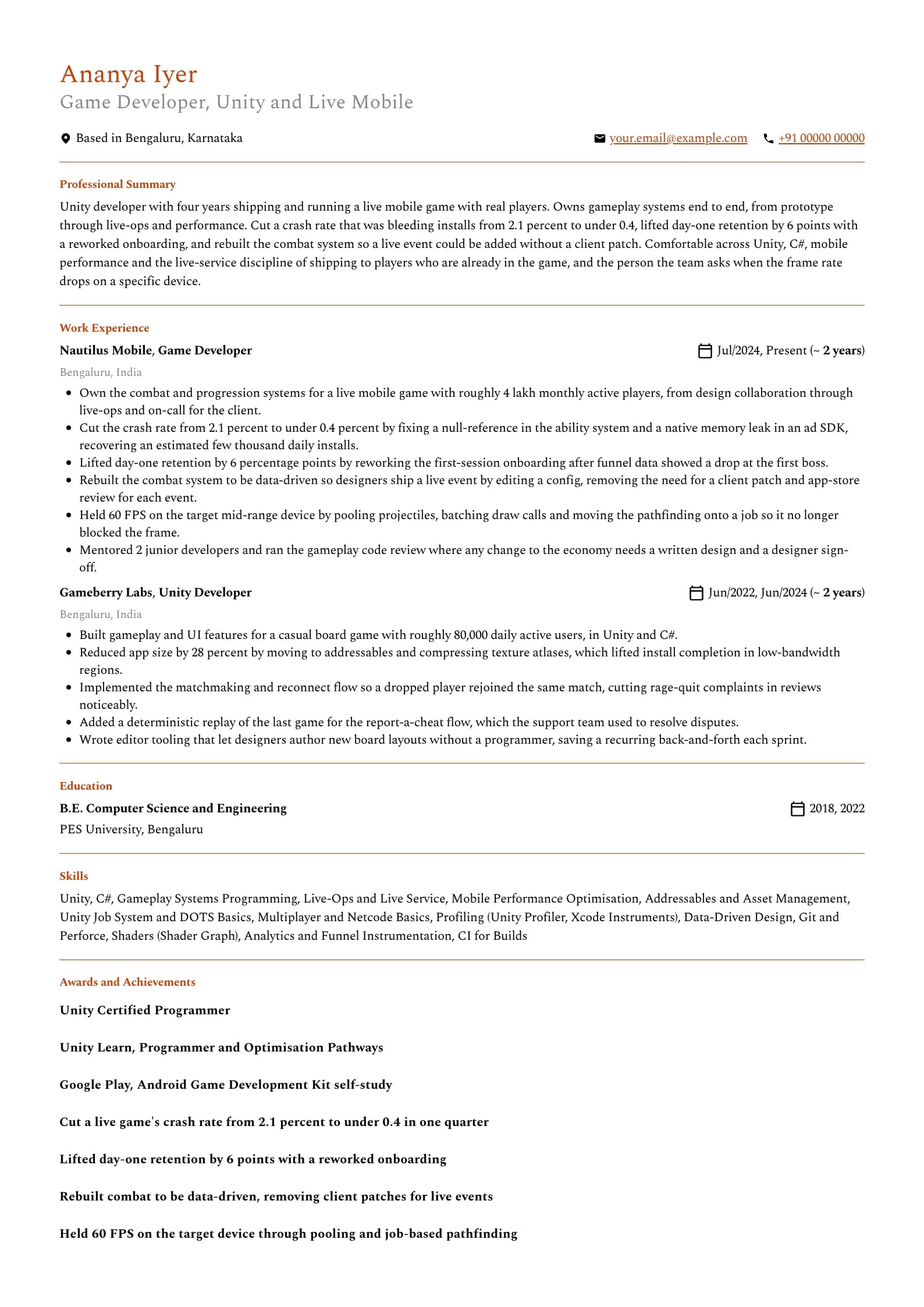 Game Developer resume example for Mid-level (4 years), professional template, showing professional summary, work experience, skills, education and certifications