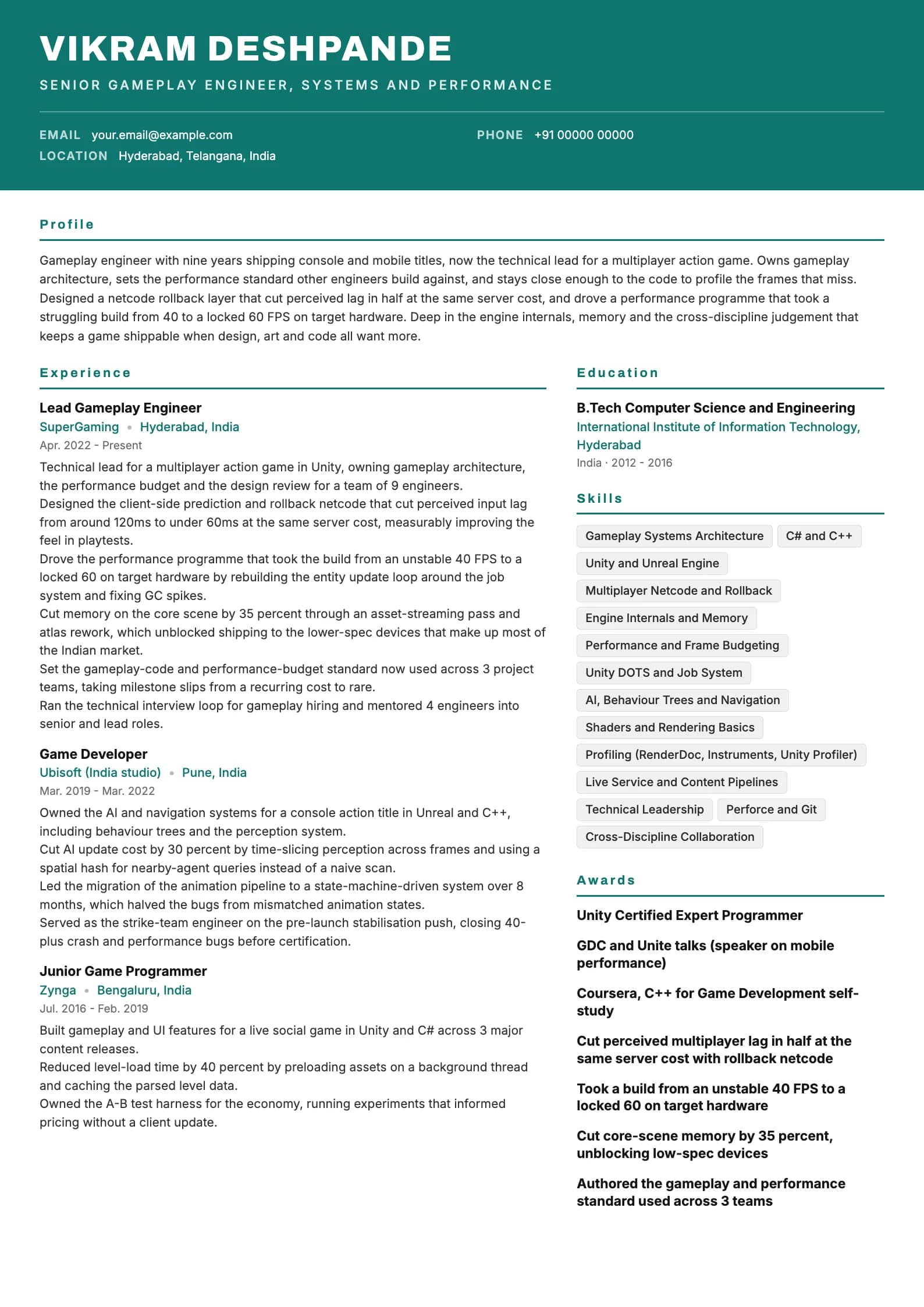 Game Developer resume example for Senior (9 years), header-band template, showing professional summary, work experience, skills, education and certifications