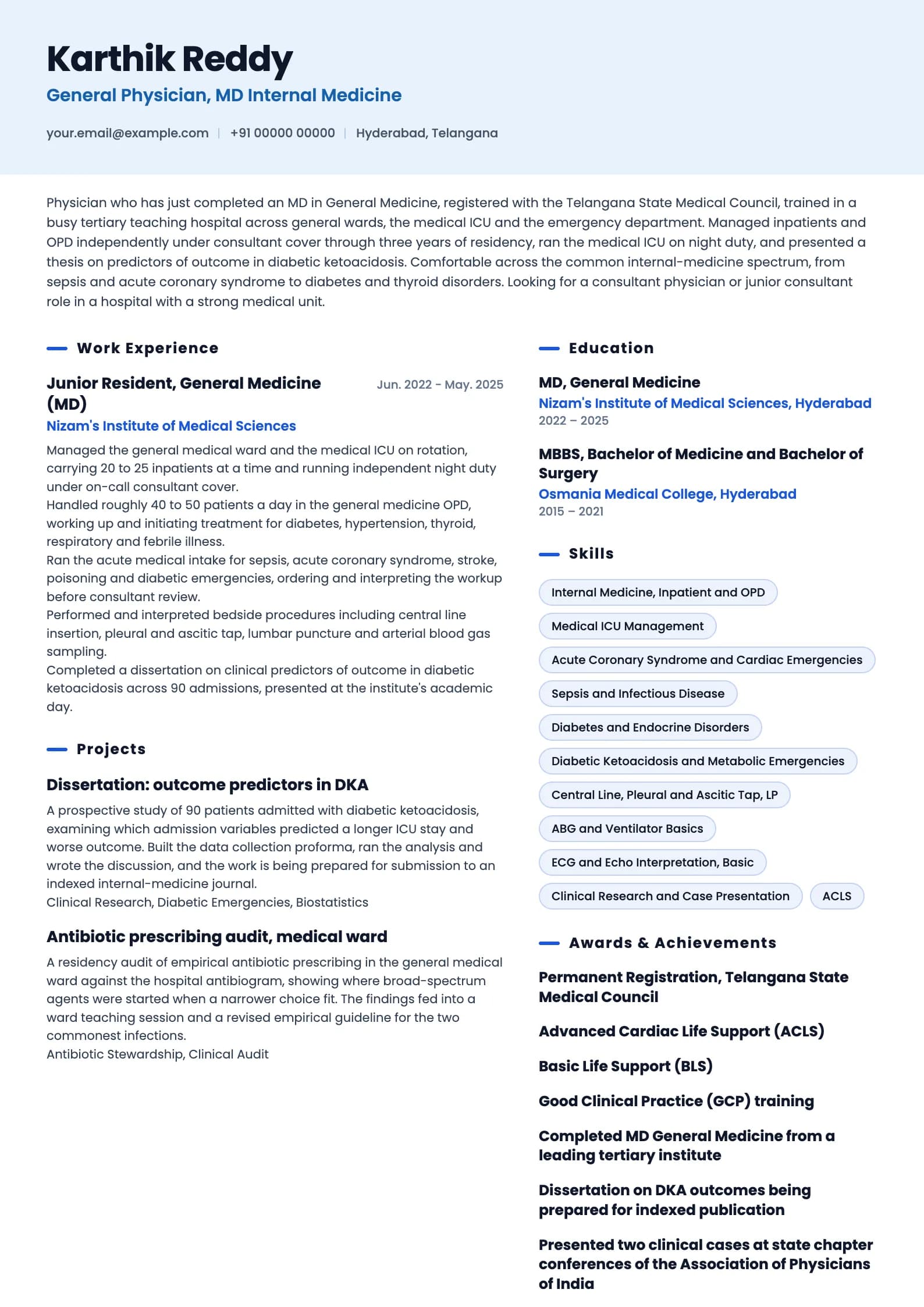General Physician resume example for Fresh MD (0 to 1 year), ai-era template, showing professional summary, work experience, projects, skills, education and certifications