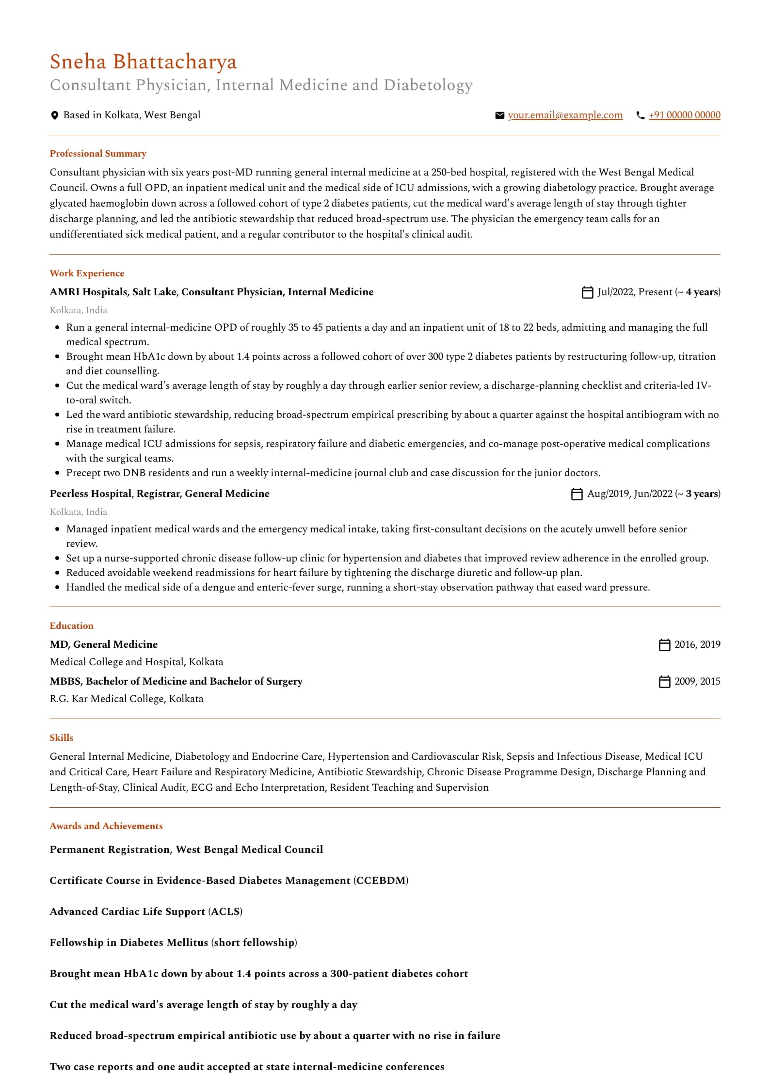 General Physician resume example for Consultant Physician (6 years), professional template, showing professional summary, work experience, skills, education and certifications
