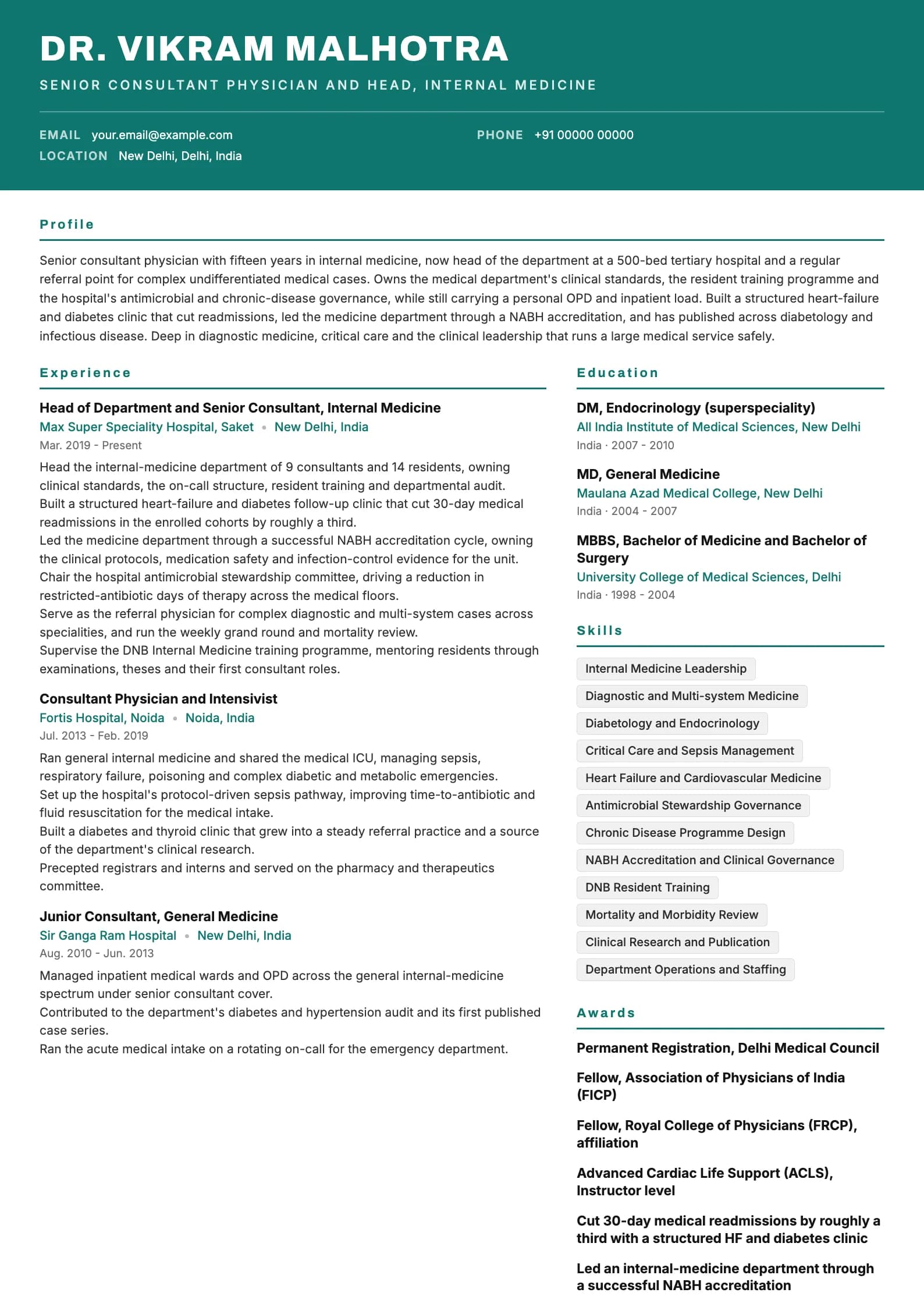 General Physician resume example for Senior Physician and HOD (15 years), header-band template, showing professional summary, work experience, skills, education and certifications