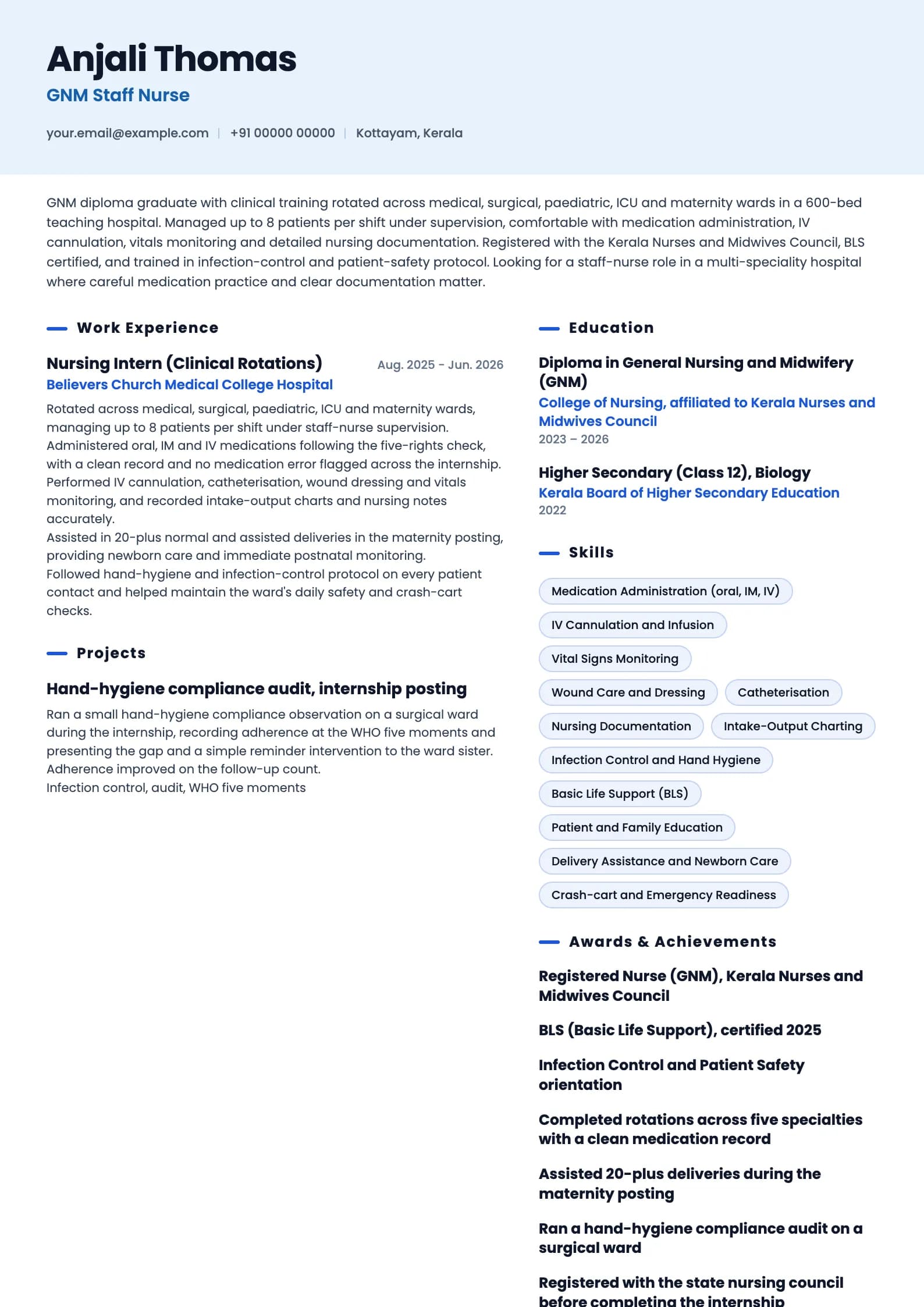 GNM Nurse resume example for Fresher (0 years), ai-era template, showing professional summary, work experience, projects, skills, education and certifications