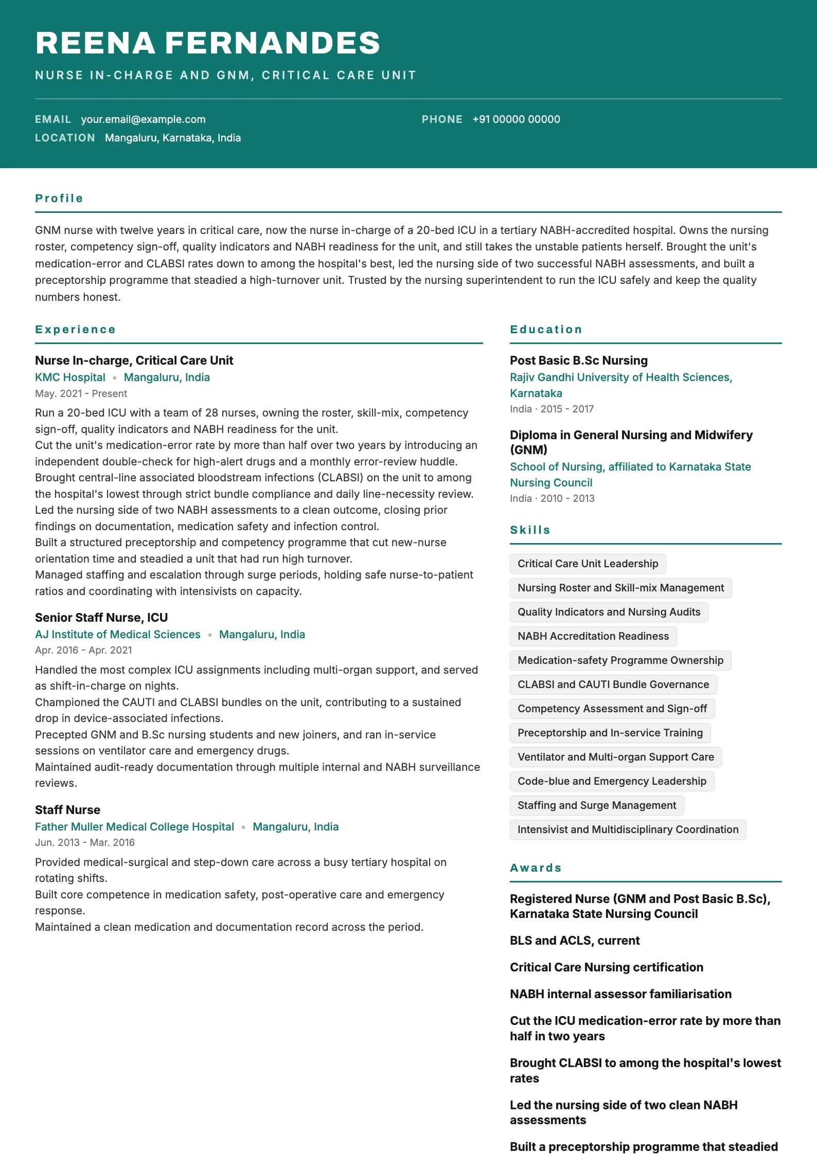 GNM Nurse resume example for Nurse In-charge (12 years), header-band template, showing professional summary, work experience, skills, education and certifications