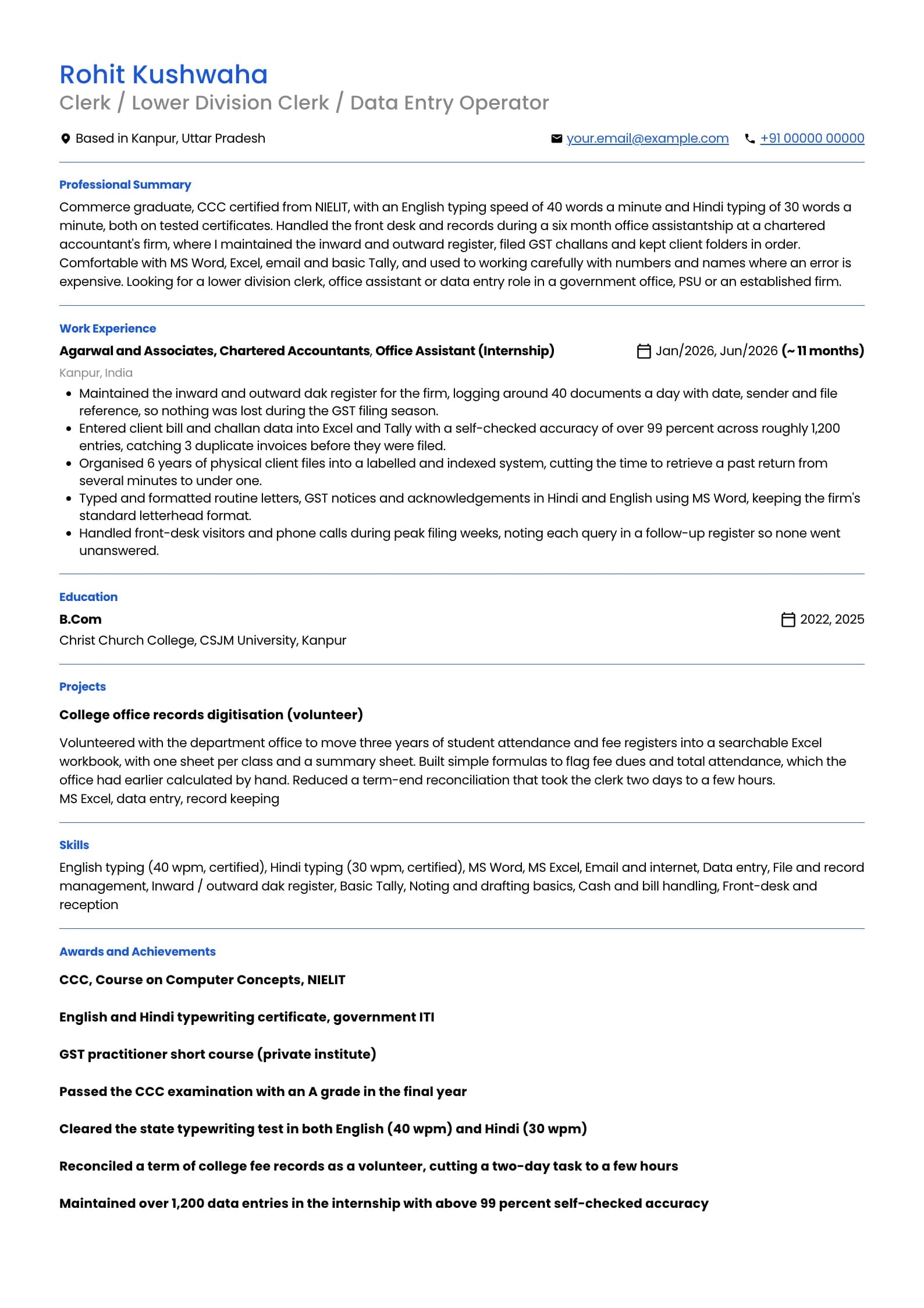 Government Clerk resume example for Fresher (0 years), professional template, showing professional summary, work experience, projects, skills, education and certifications