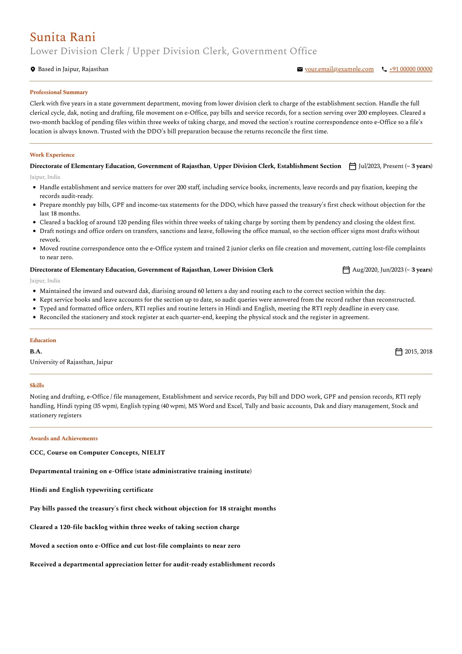 Government Clerk resume example for Experienced (5 years), minimalist template, showing professional summary, work experience, skills, education and certifications