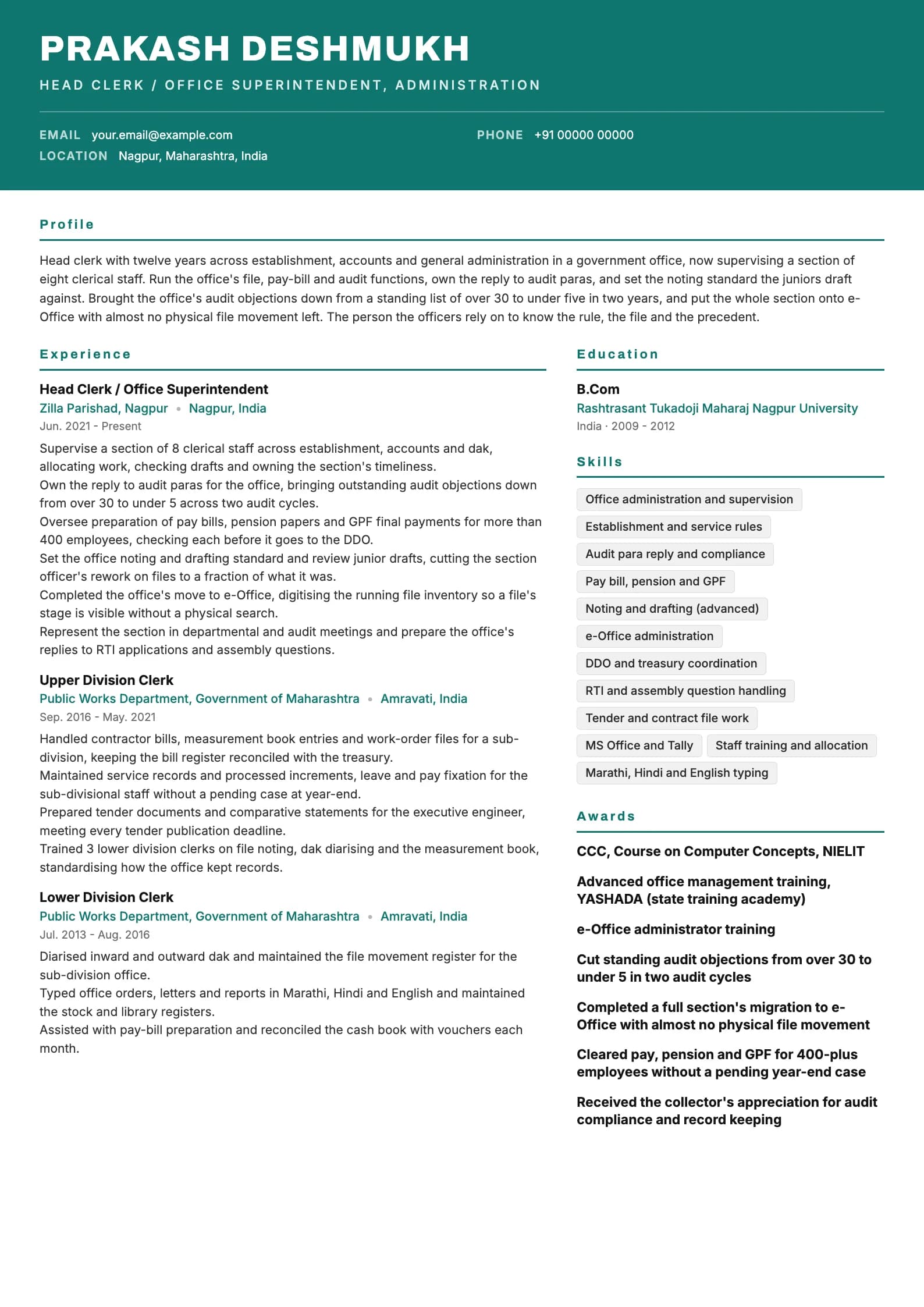 Government Clerk resume example for Head Clerk (12 years), header-band template, showing professional summary, work experience, skills, education and certifications