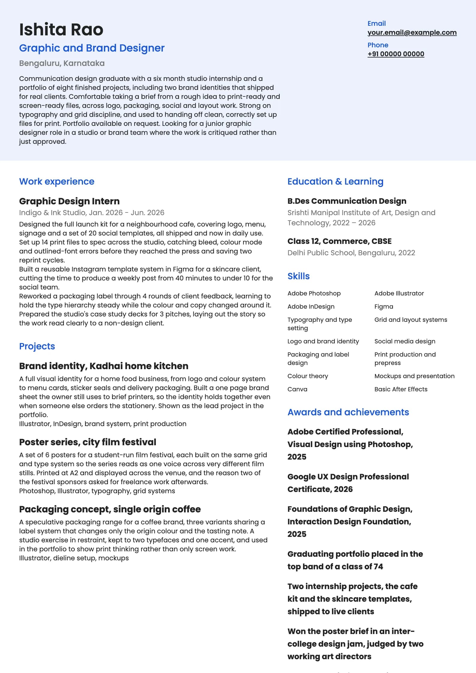 Graphic Designer resume example for Fresher (0 years), modern template, showing professional summary, work experience, projects, skills, education and certifications