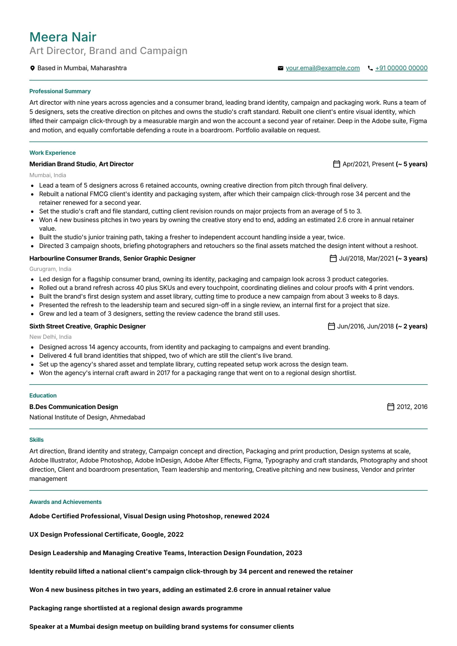 Graphic Designer resume example for Art Director (9 years), professional template, showing professional summary, work experience, skills, education and certifications
