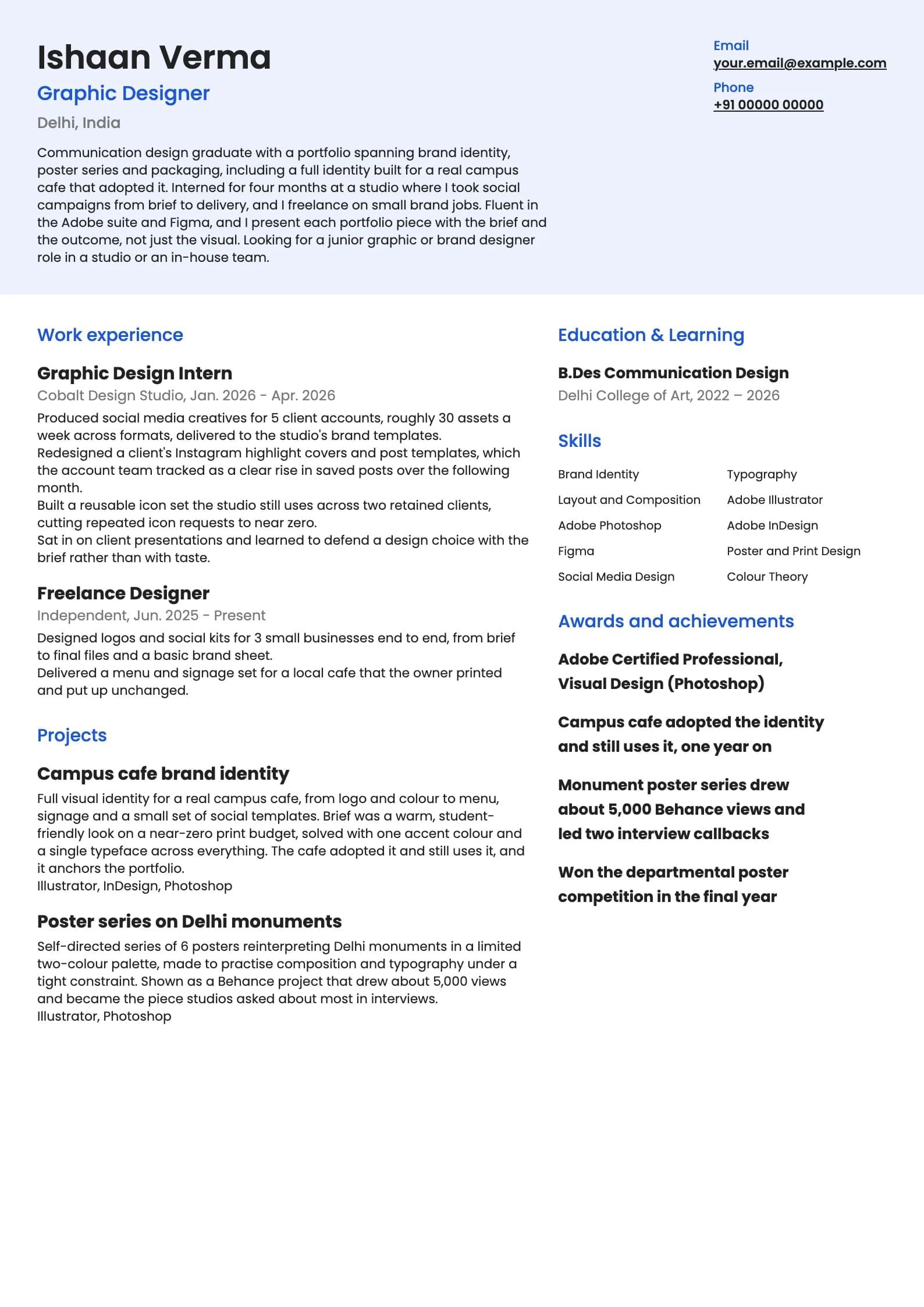 Graphic Designer resume example for Design graduate (0 years), modern template, showing professional summary, work experience, projects, skills, education and certifications