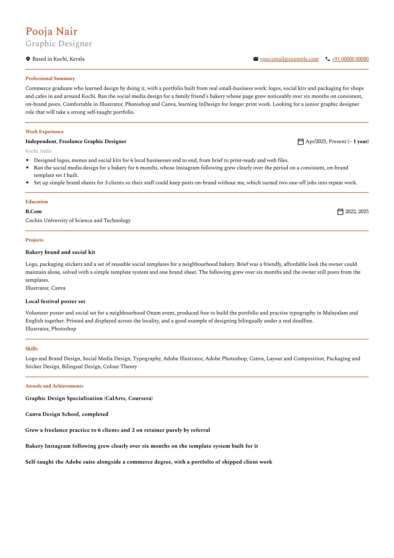 Graphic Designer resume example for Self-taught, non-design degree (0 years), minimalist template, showing professional summary, work experience, projects, skills, education and certifications