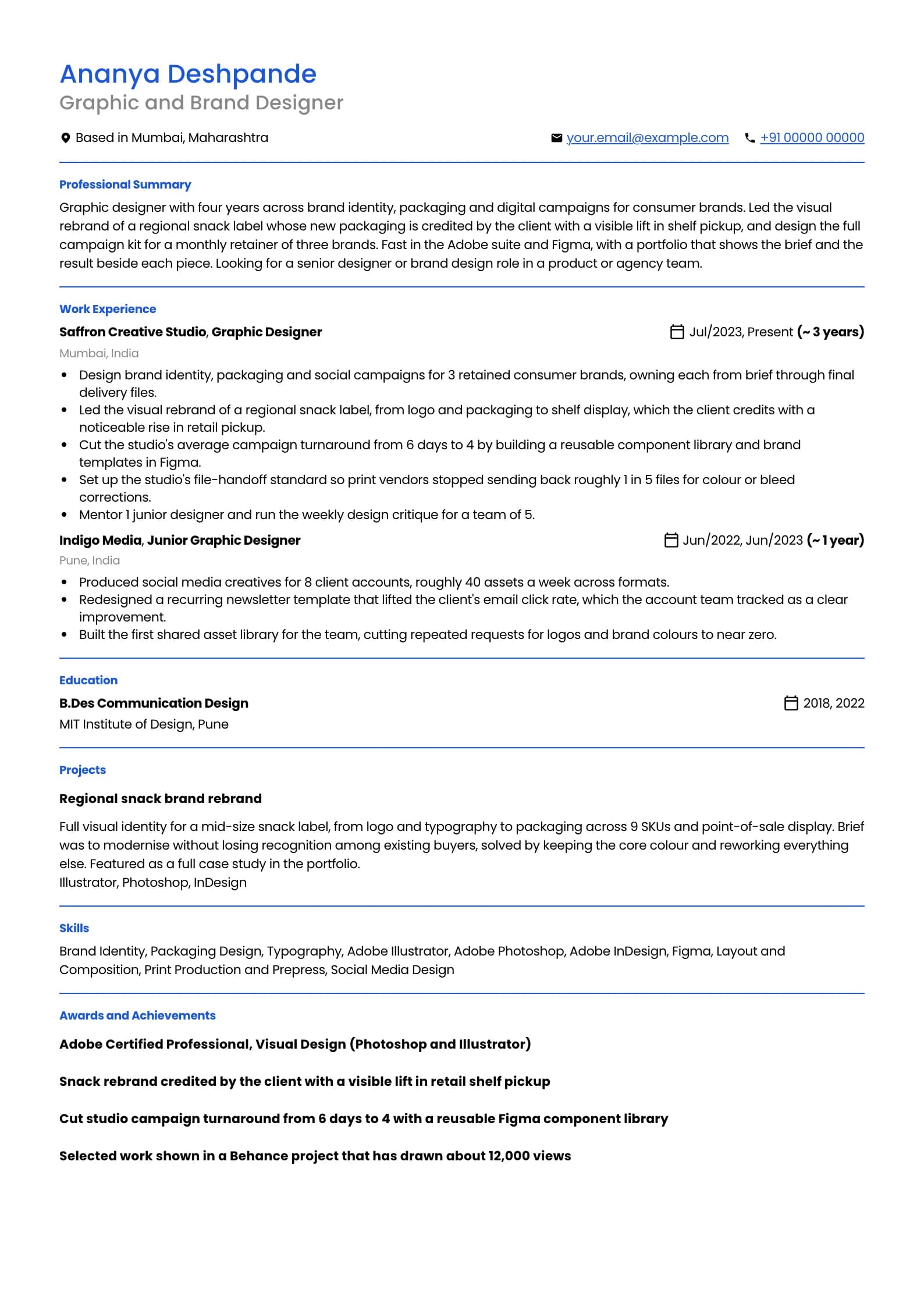 Graphic Designer resume example for Portfolio-ready PDF (4 years), professional template, showing professional summary, work experience, projects, skills, education and certifications