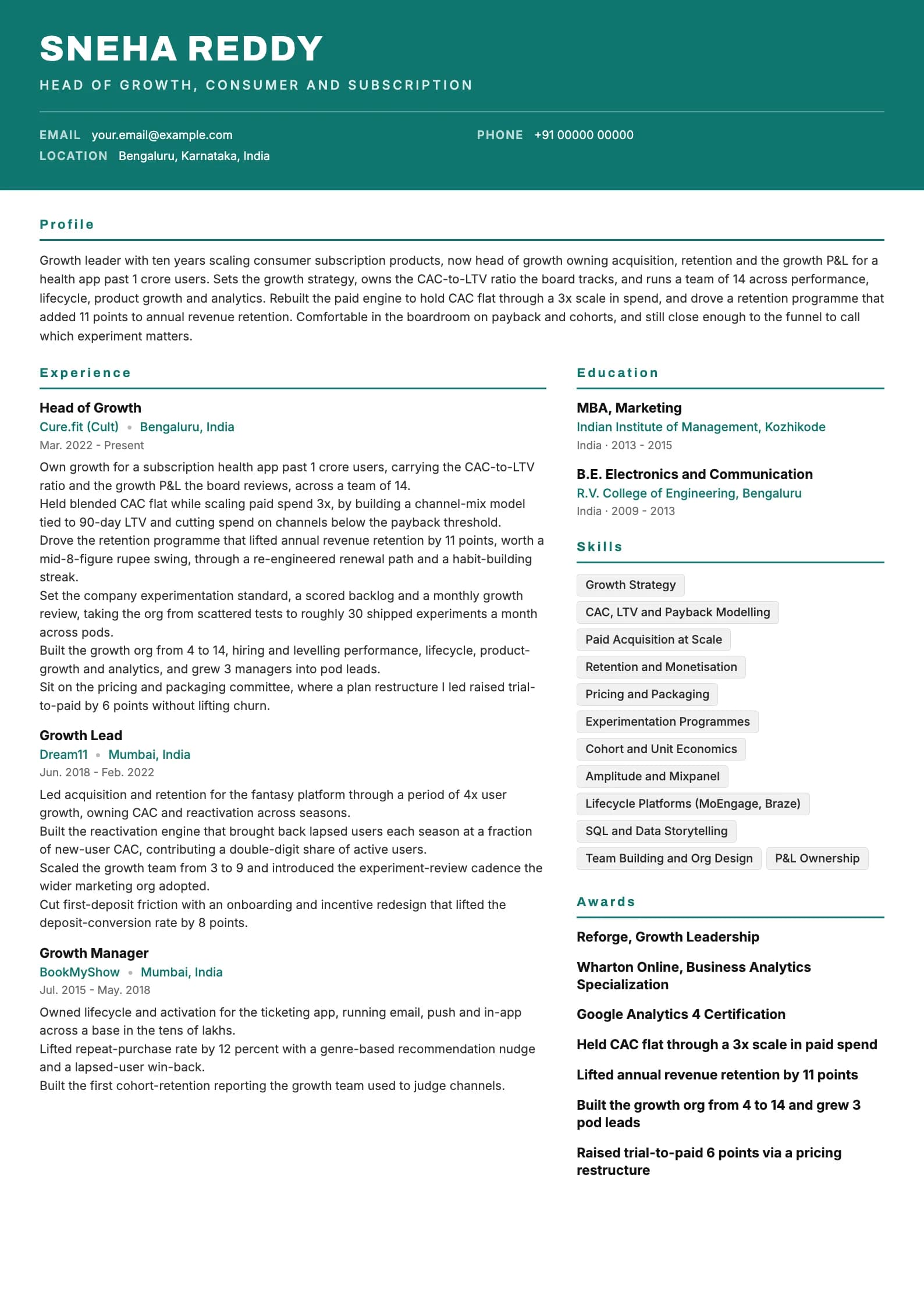 Growth Manager resume example for Head of Growth (10 years), header-band template, showing professional summary, work experience, skills, education and certifications