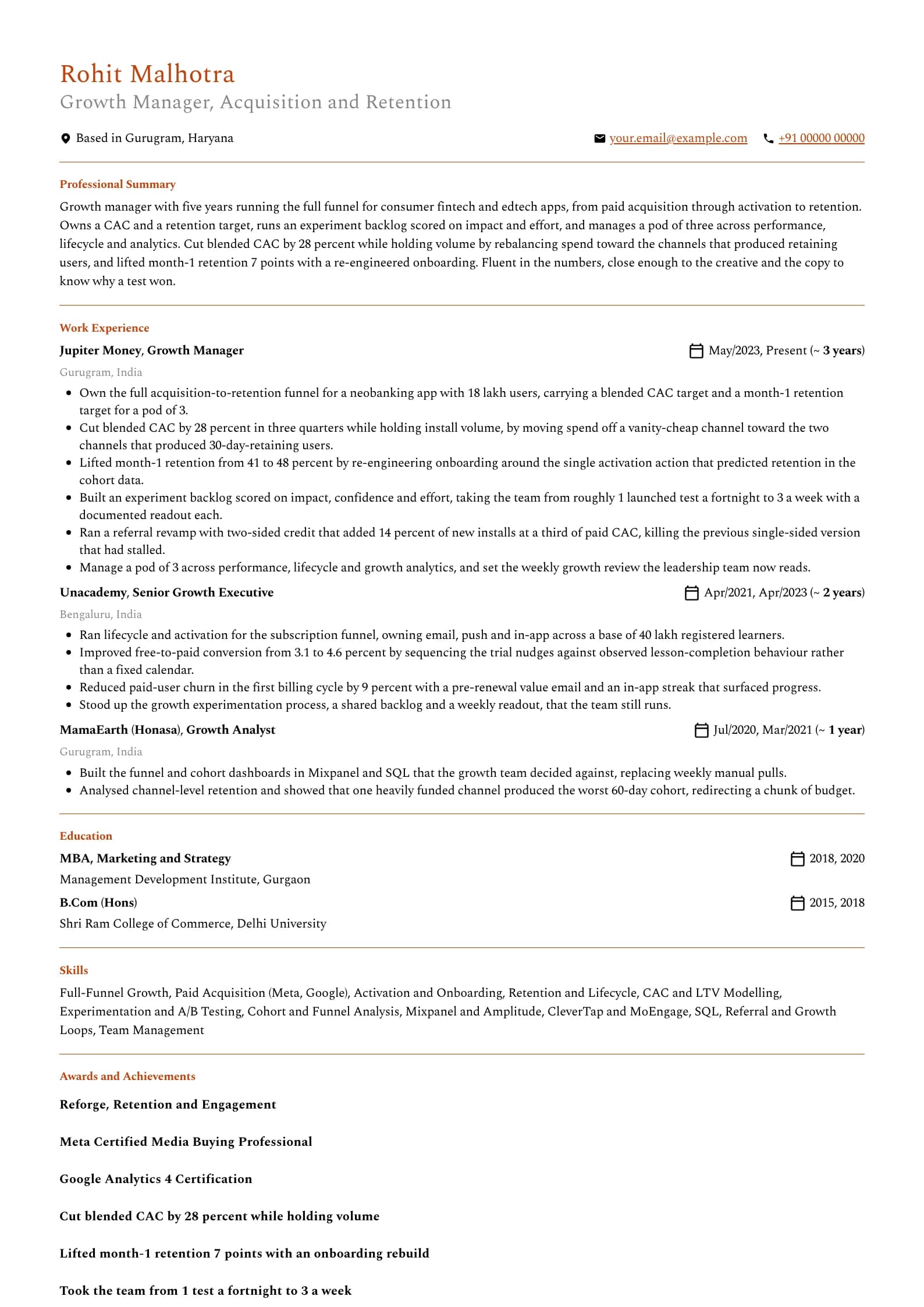 Growth Manager resume example for Growth Manager (5 years), professional template, showing professional summary, work experience, skills, education and certifications