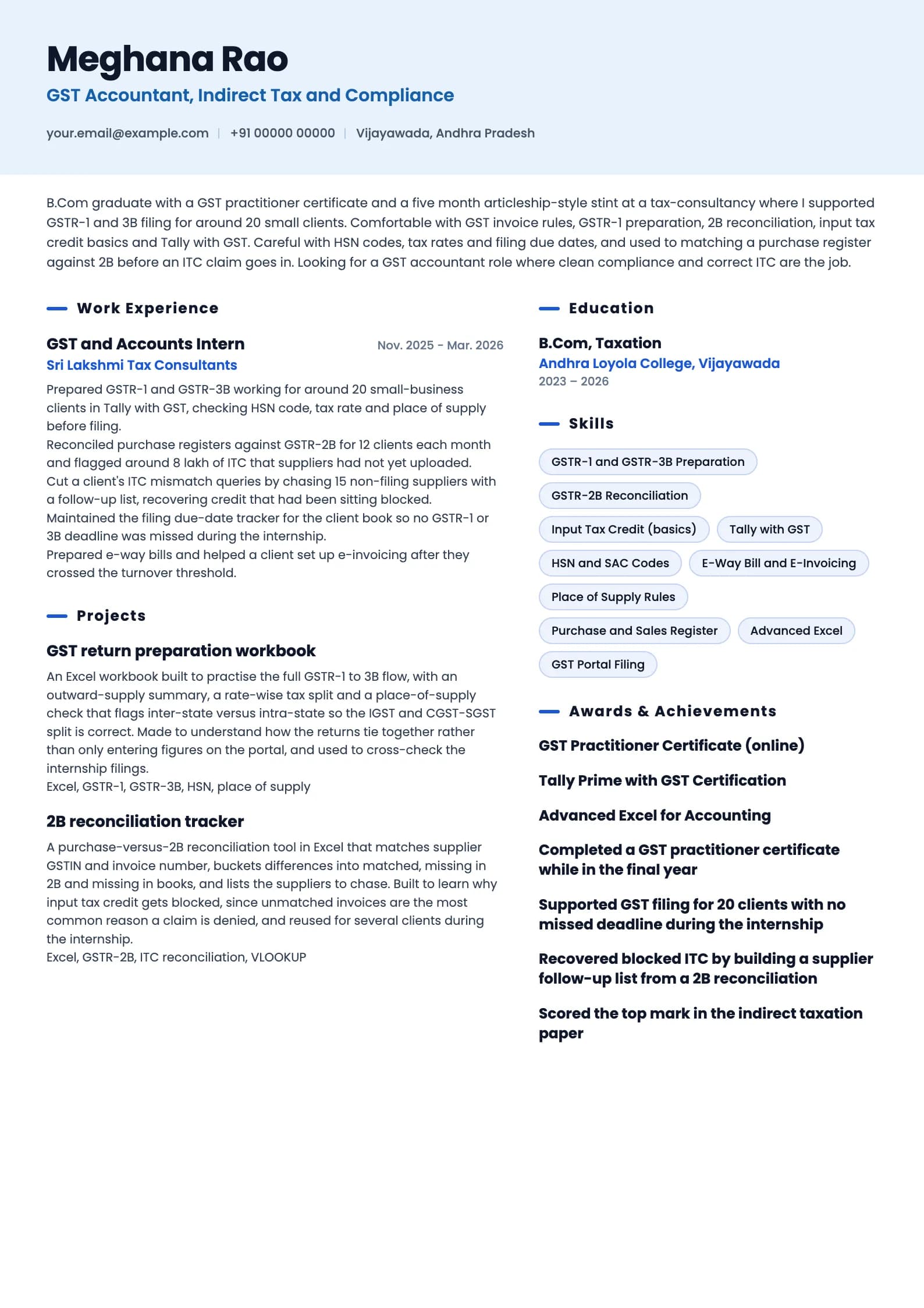 GST Accountant resume example for Fresher (0 years), ai-era template, showing professional summary, work experience, projects, skills, education and certifications