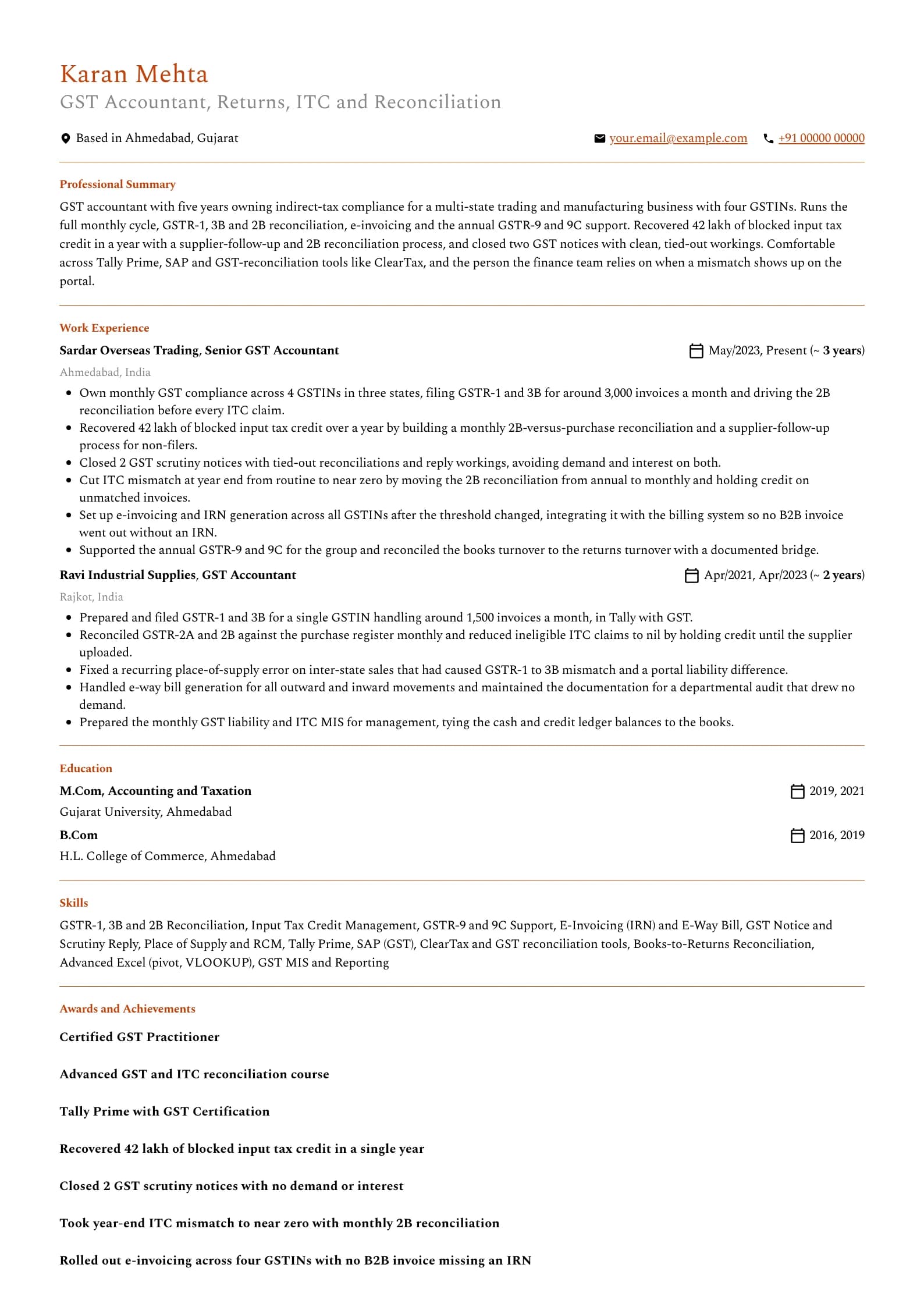 GST Accountant resume example for Mid-level (5 years), professional template, showing professional summary, work experience, skills, education and certifications