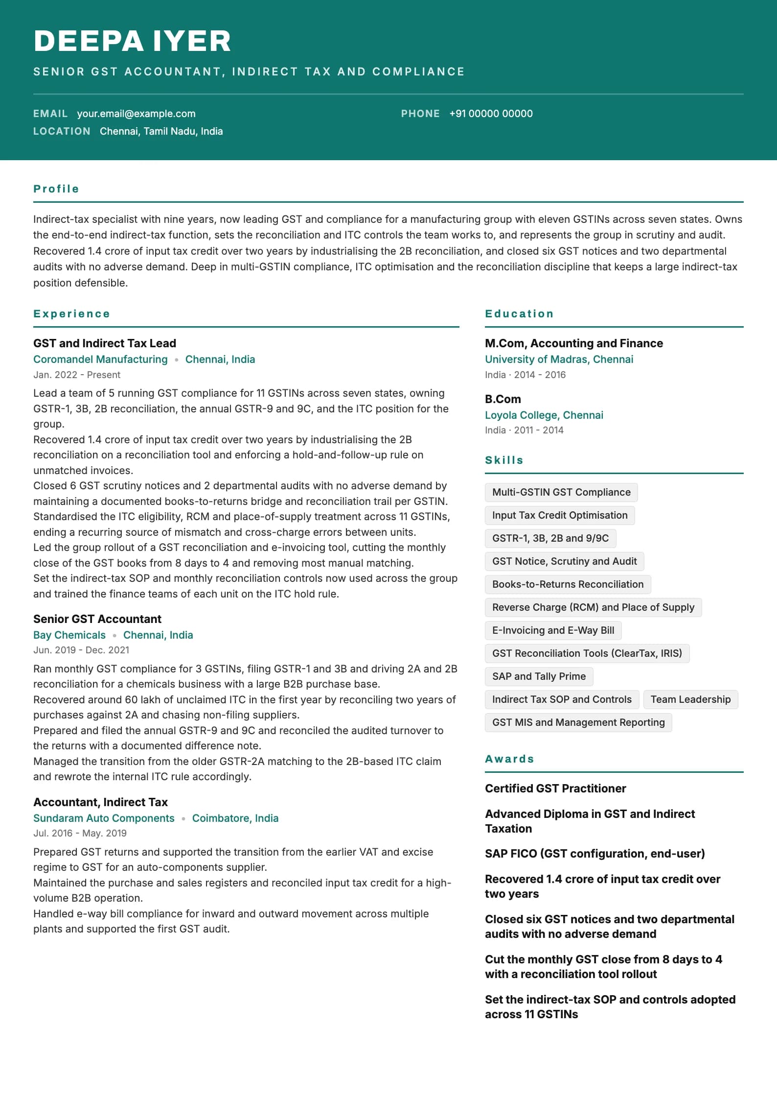 GST Accountant resume example for Senior (9 years), header-band template, showing professional summary, work experience, skills, education and certifications