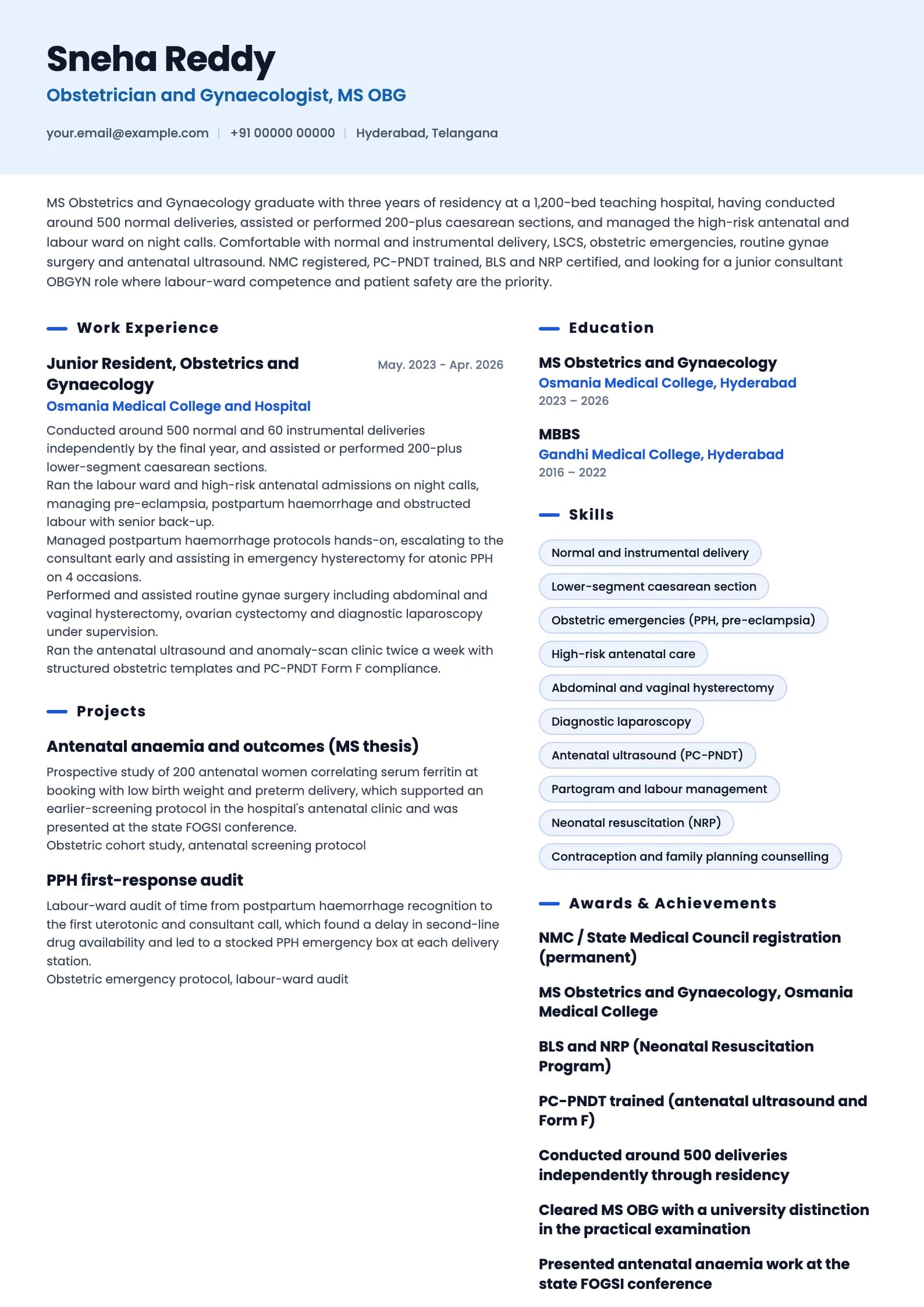 Gynecologist resume example for Fresher (MS/DNB, 0 years), ai-era template, showing professional summary, work experience, projects, skills, education and certifications