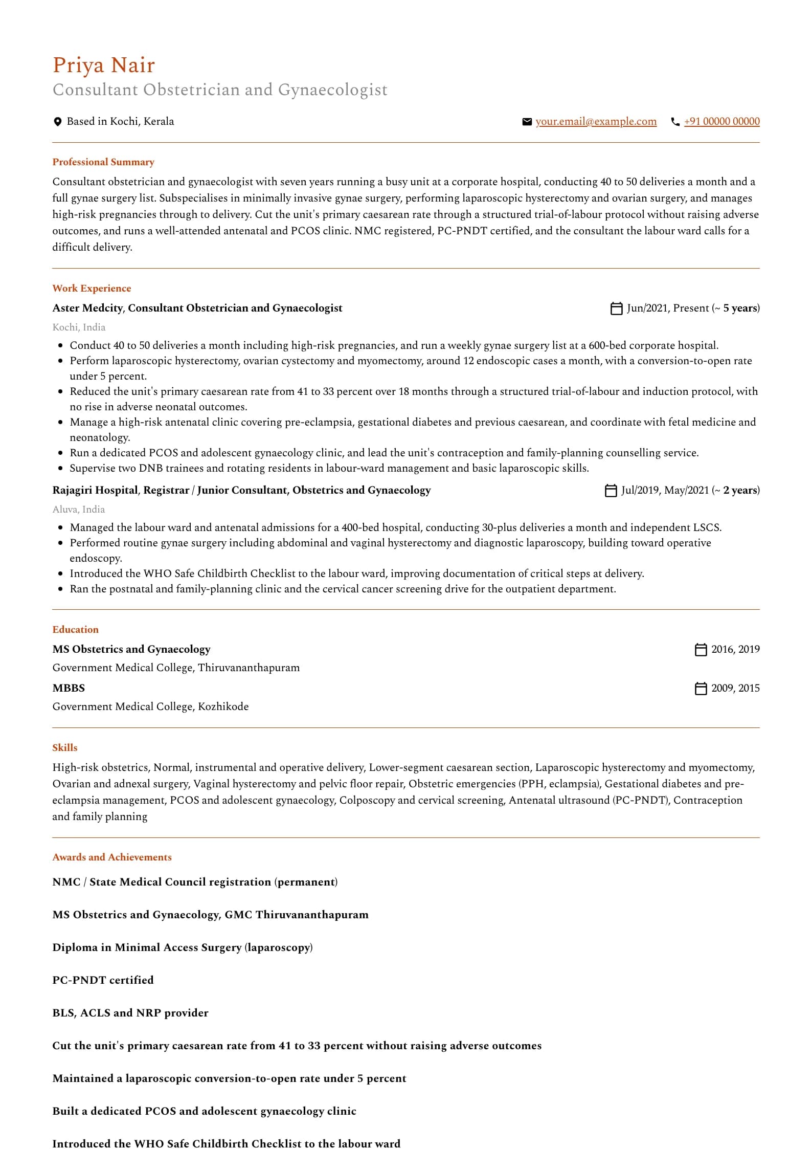 Gynecologist resume example for Consultant (7 years), professional template, showing professional summary, work experience, skills, education and certifications