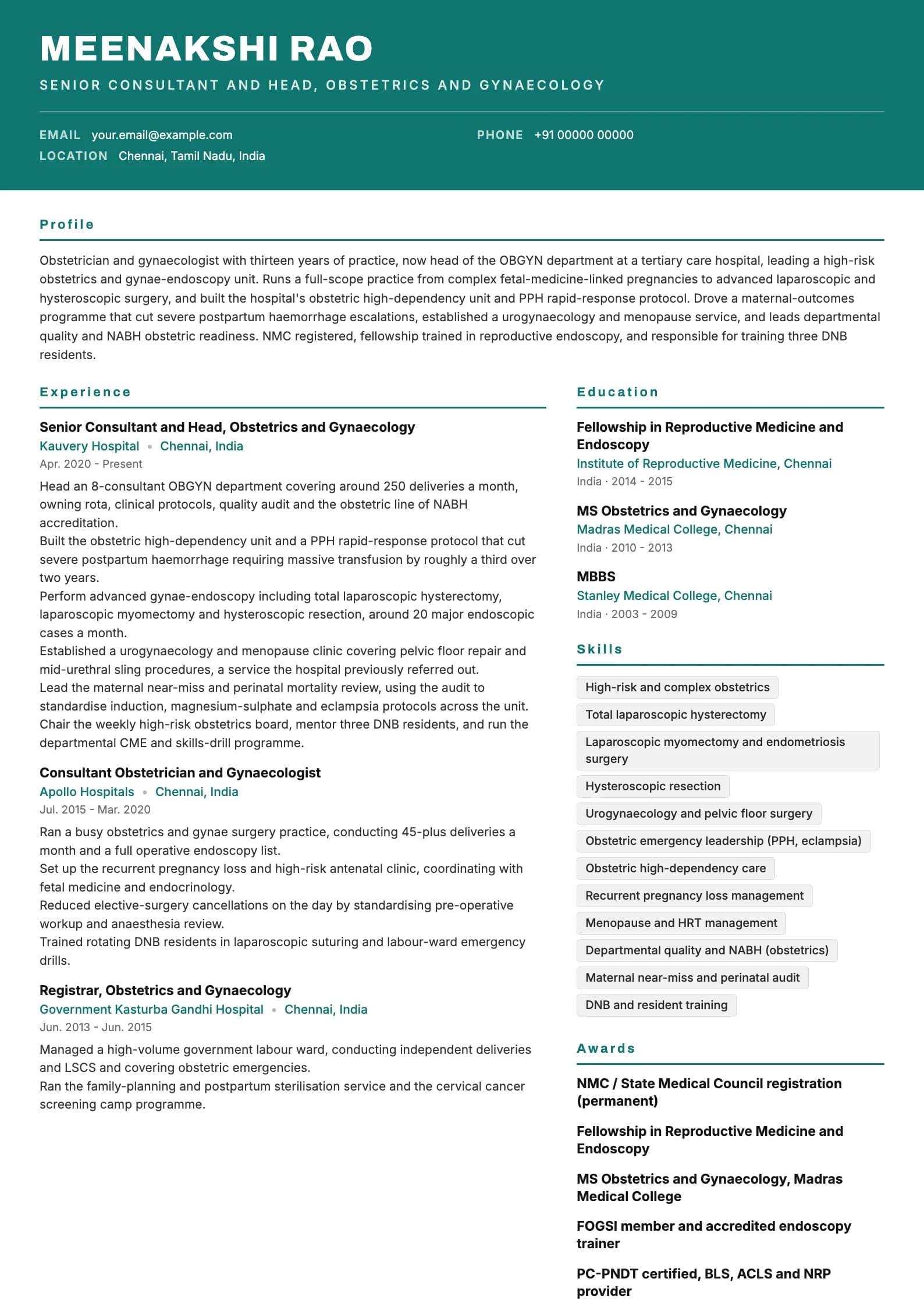 Gynecologist resume example for Senior (13 years), header-band template, showing professional summary, work experience, skills, education and certifications