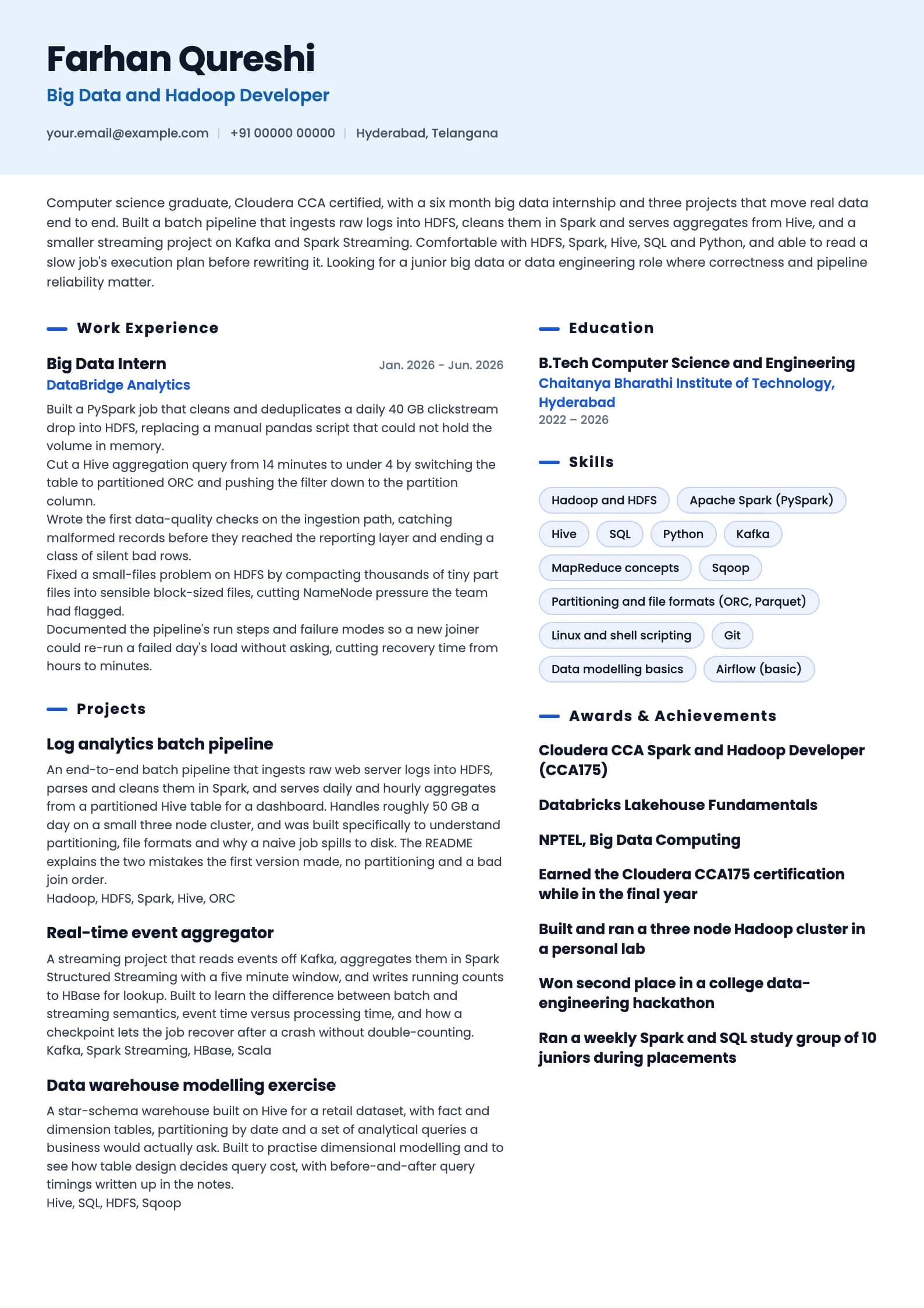 Hadoop Developer resume example for Fresher (0 years), ai-era template, showing professional summary, work experience, projects, skills, education and certifications