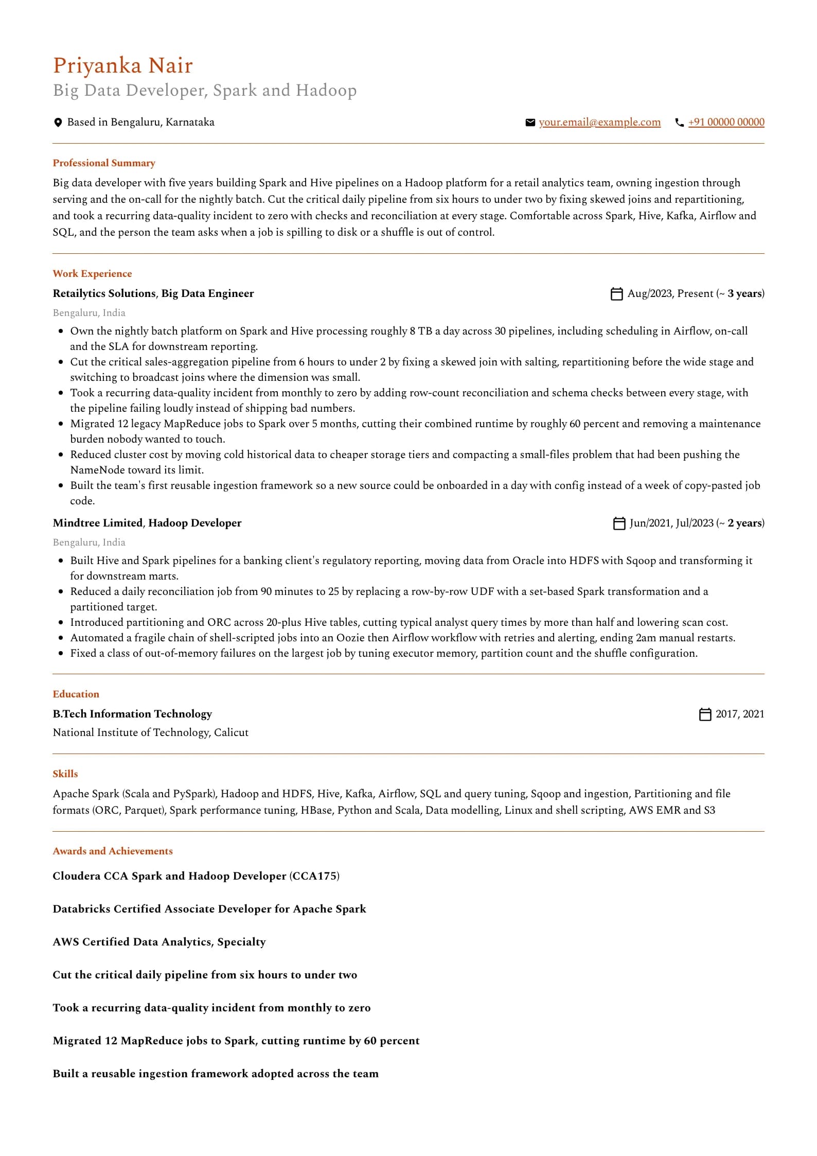 Hadoop Developer resume example for Mid-level (5 years), professional template, showing professional summary, work experience, skills, education and certifications