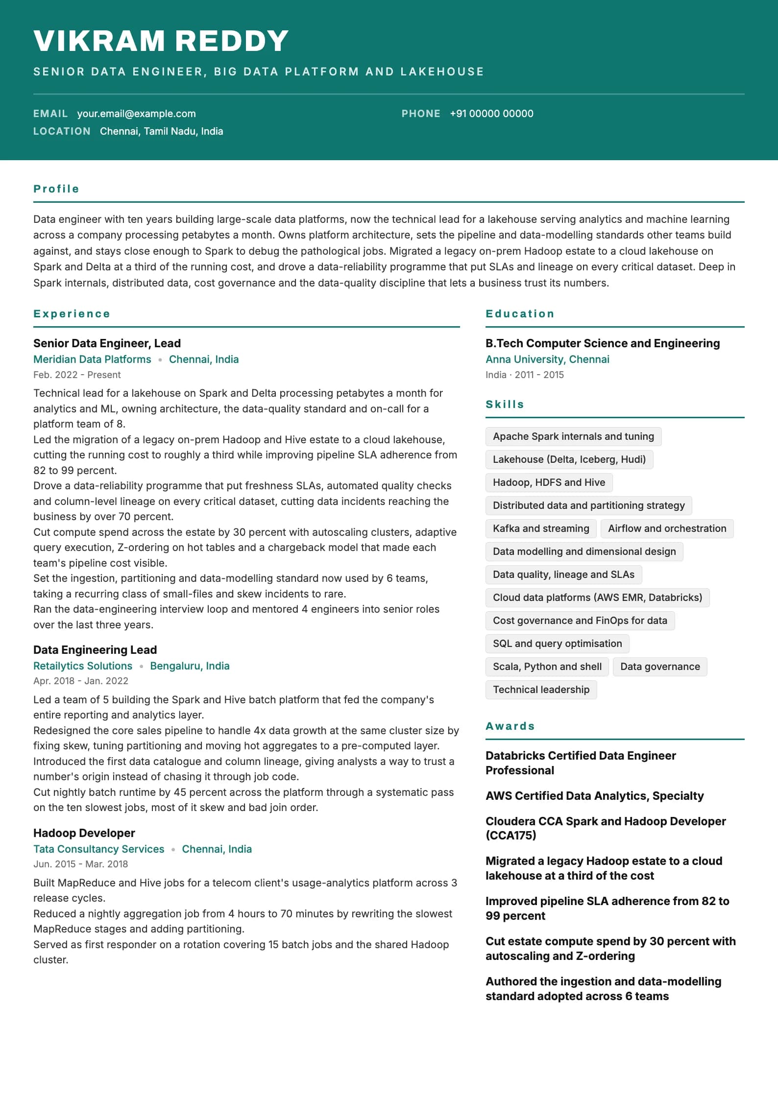 Hadoop Developer resume example for Senior (10 years), header-band template, showing professional summary, work experience, skills, education and certifications