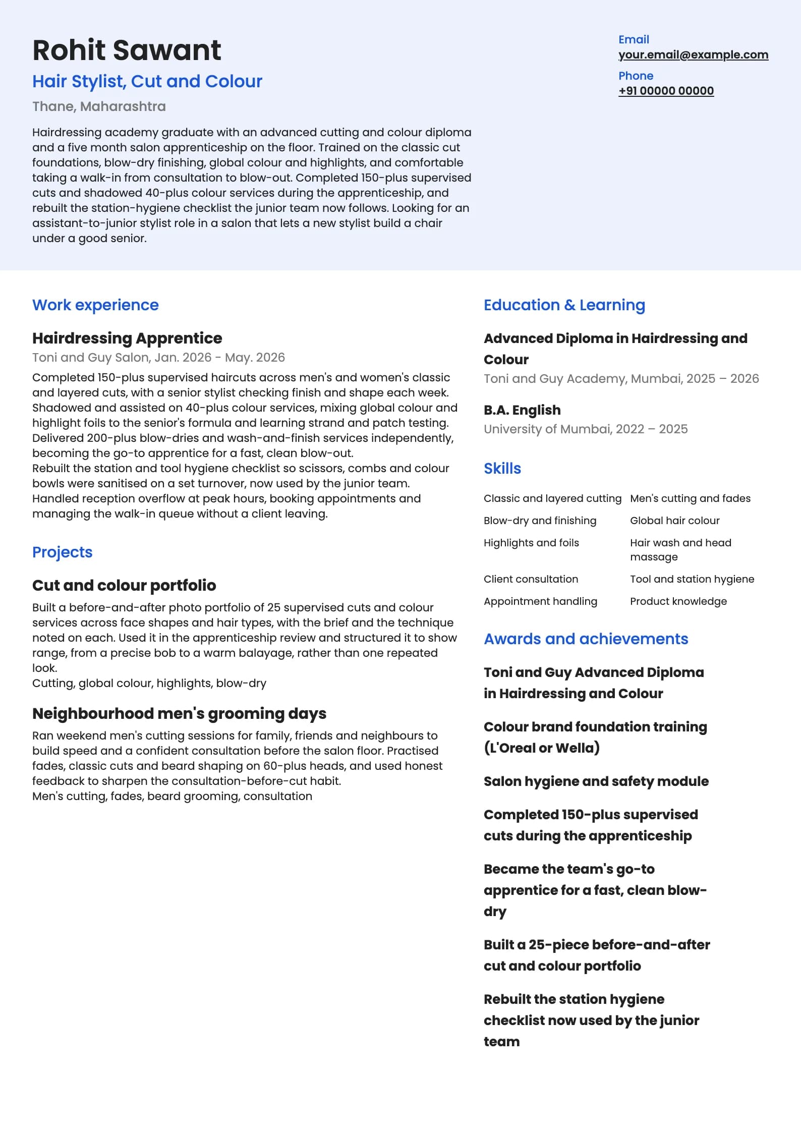 Hair Stylist resume example for Fresher (0 years), modern template, showing professional summary, work experience, projects, skills, education and certifications