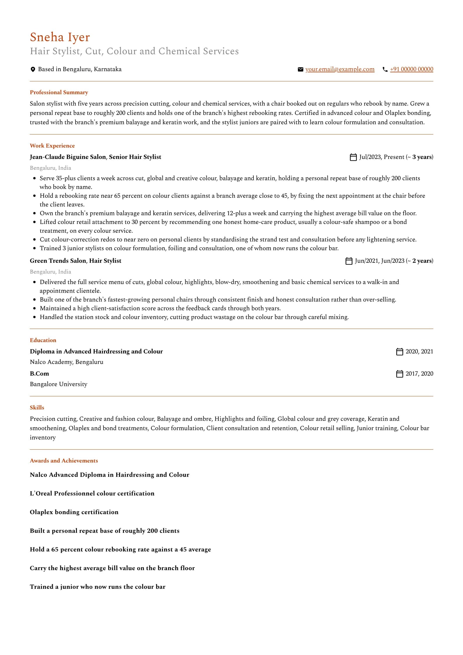 Hair Stylist resume example for Salon Stylist (5 years), professional template, showing professional summary, work experience, skills, education and certifications