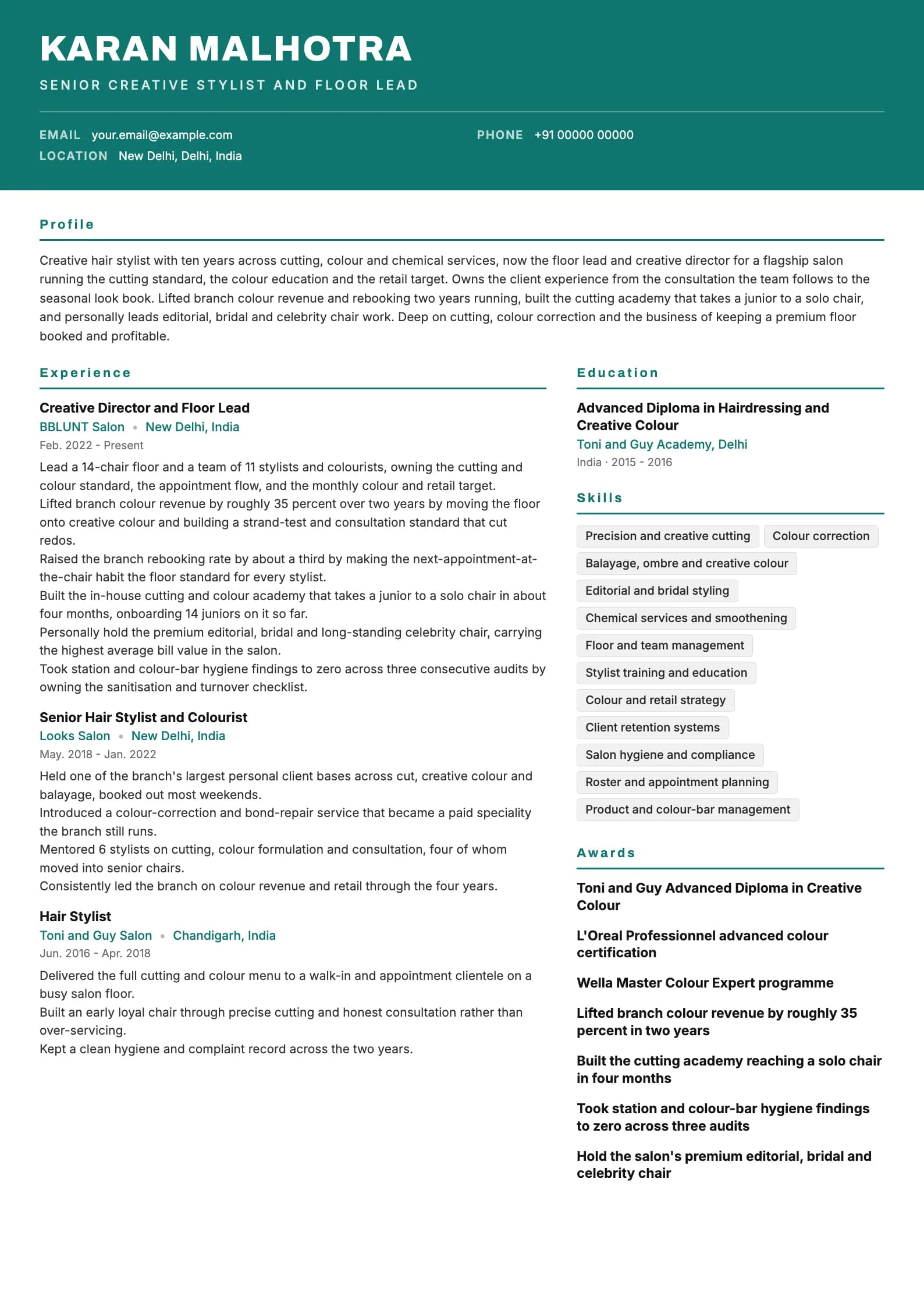 Hair Stylist resume example for Creative Stylist / Floor Lead (10 years), header-band template, showing professional summary, work experience, skills, education and certifications