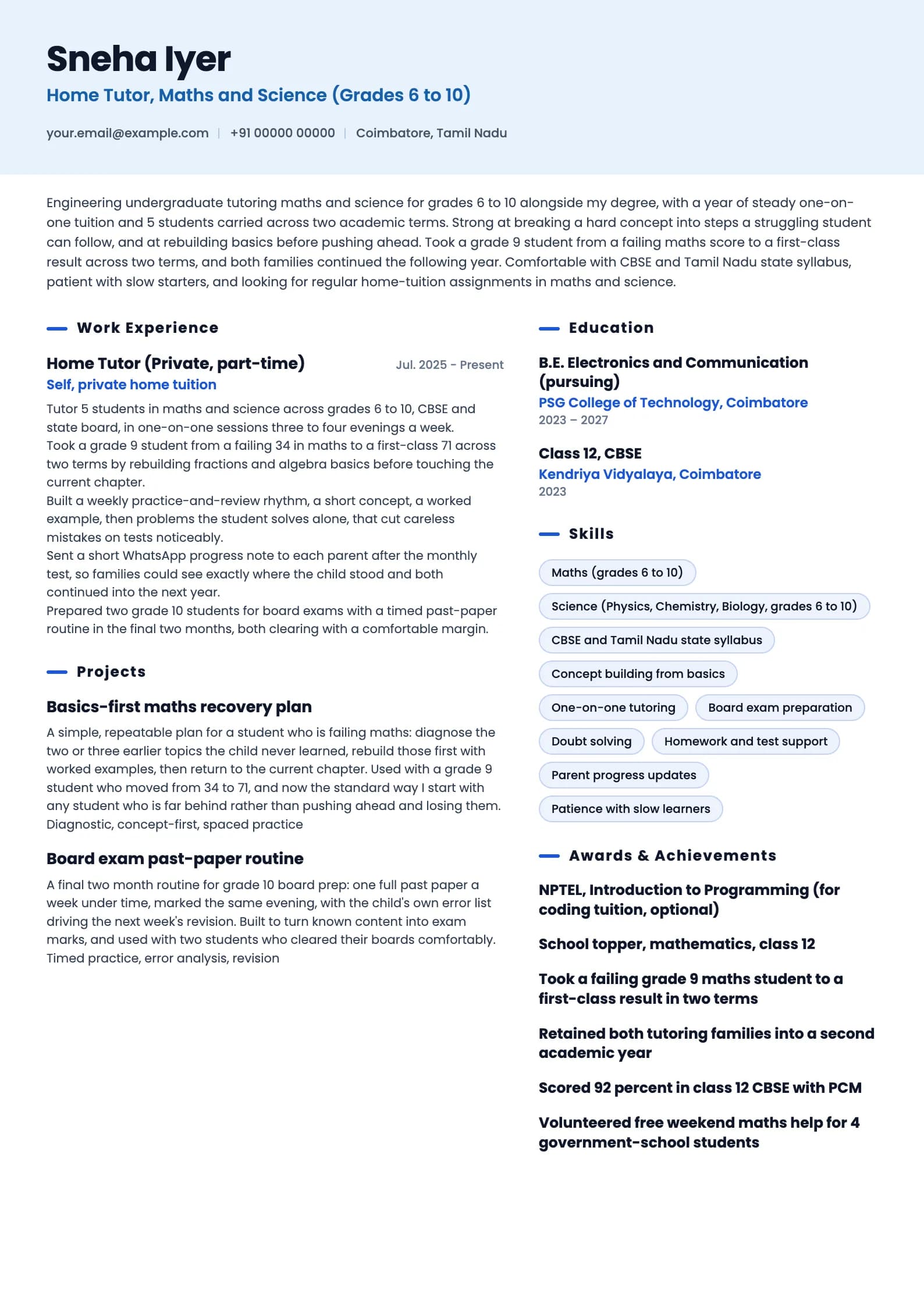 Home Tutor resume example for Fresher / Part-time (1 year), ai-era template, showing professional summary, work experience, projects, skills, education and certifications