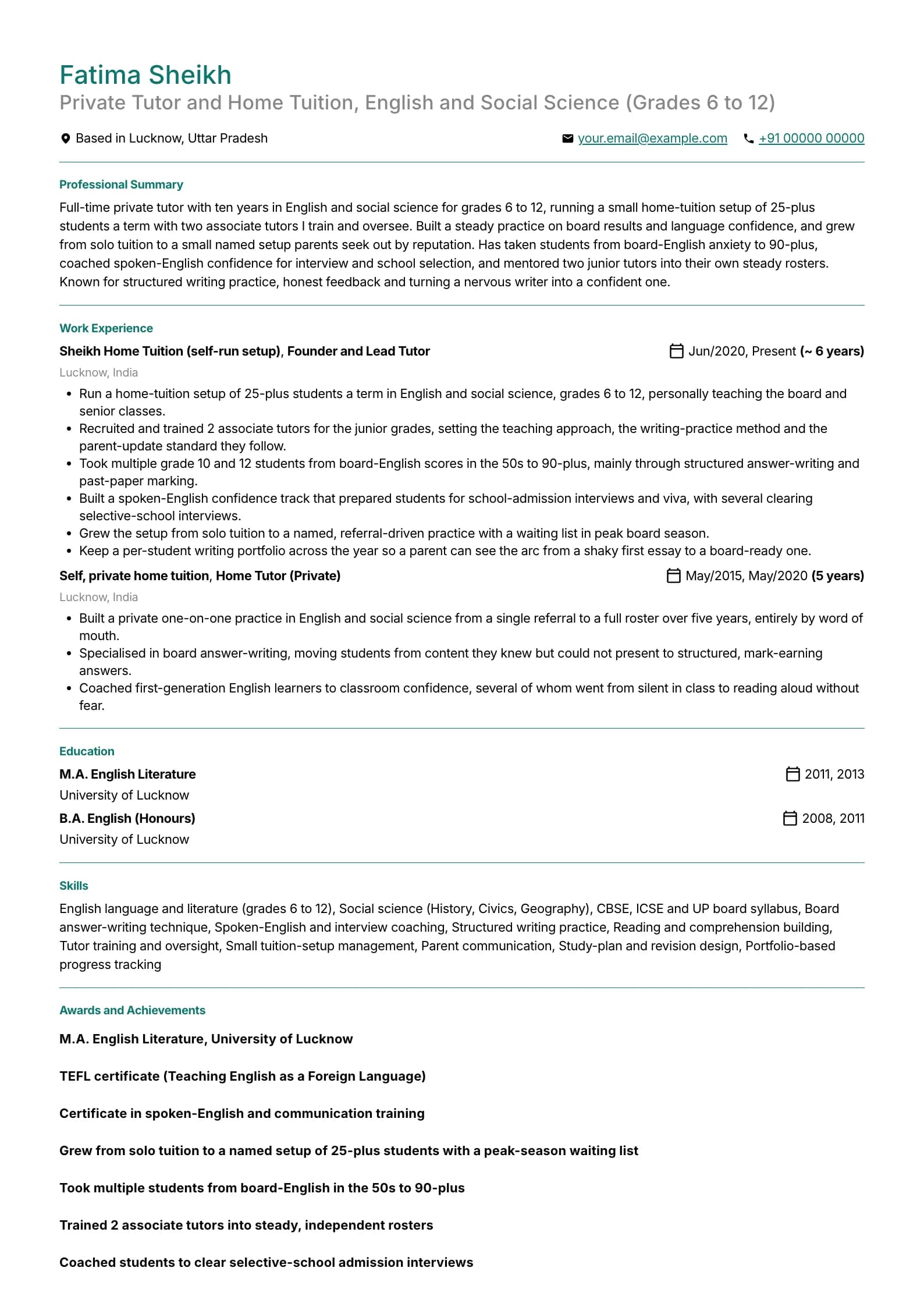 Home Tutor resume example for Full-time / Established (10 years), minimalist template, showing professional summary, work experience, skills, education and certifications