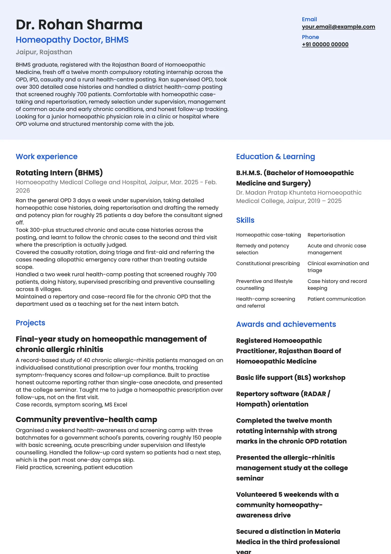 Homeopathy Doctor resume example for Fresher (0 years), modern template, showing professional summary, work experience, projects, skills, education and certifications