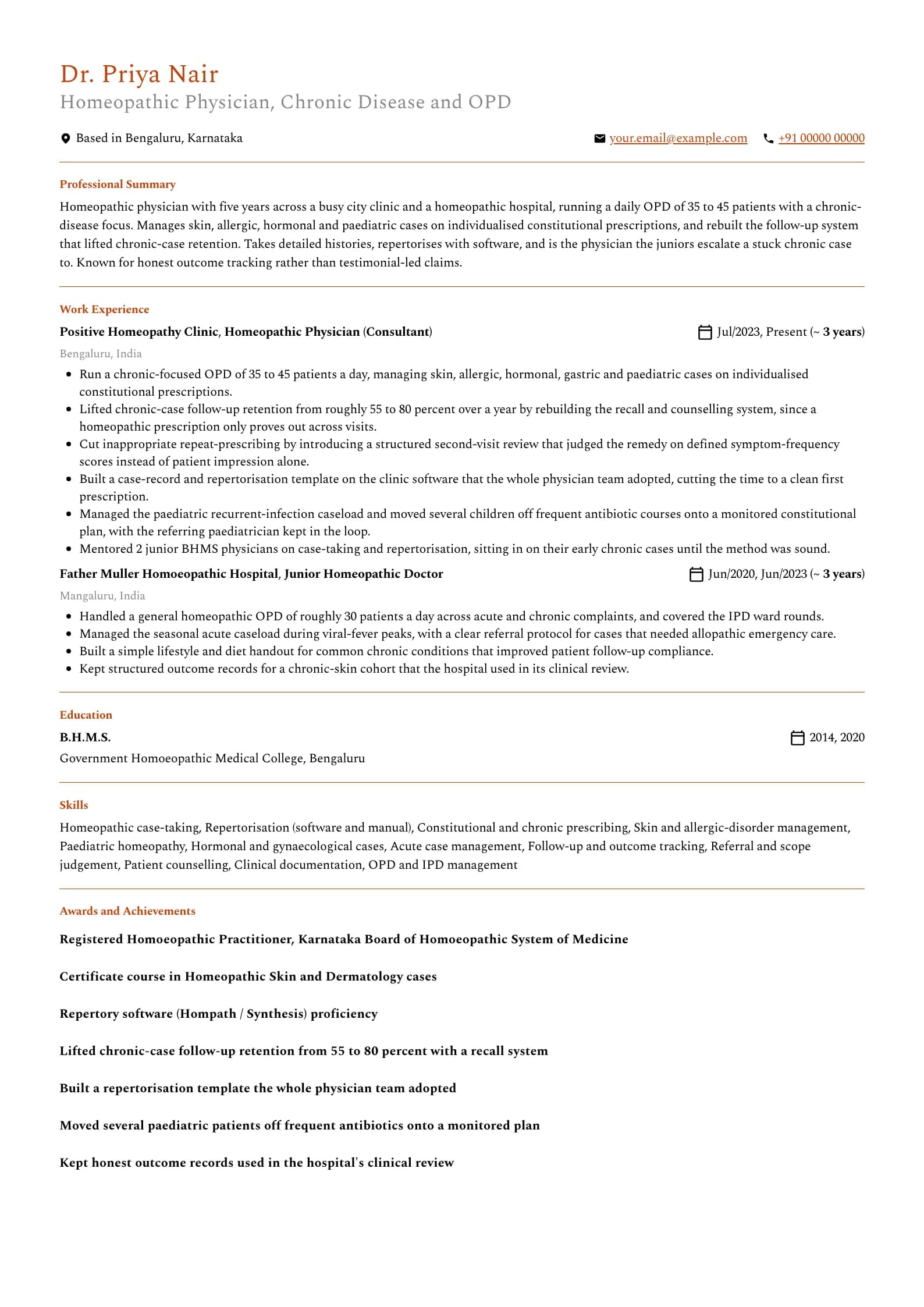 Homeopathy Doctor resume example for Mid-level (5 years), professional template, showing professional summary, work experience, skills, education and certifications