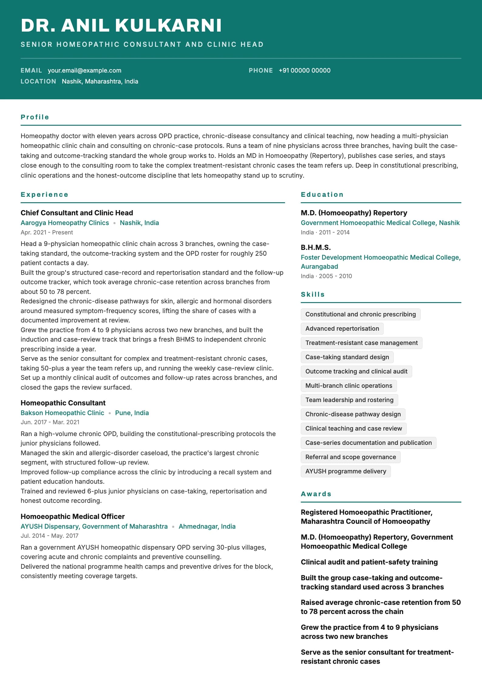 Homeopathy Doctor resume example for Senior (11 years), header-band template, showing professional summary, work experience, skills, education and certifications