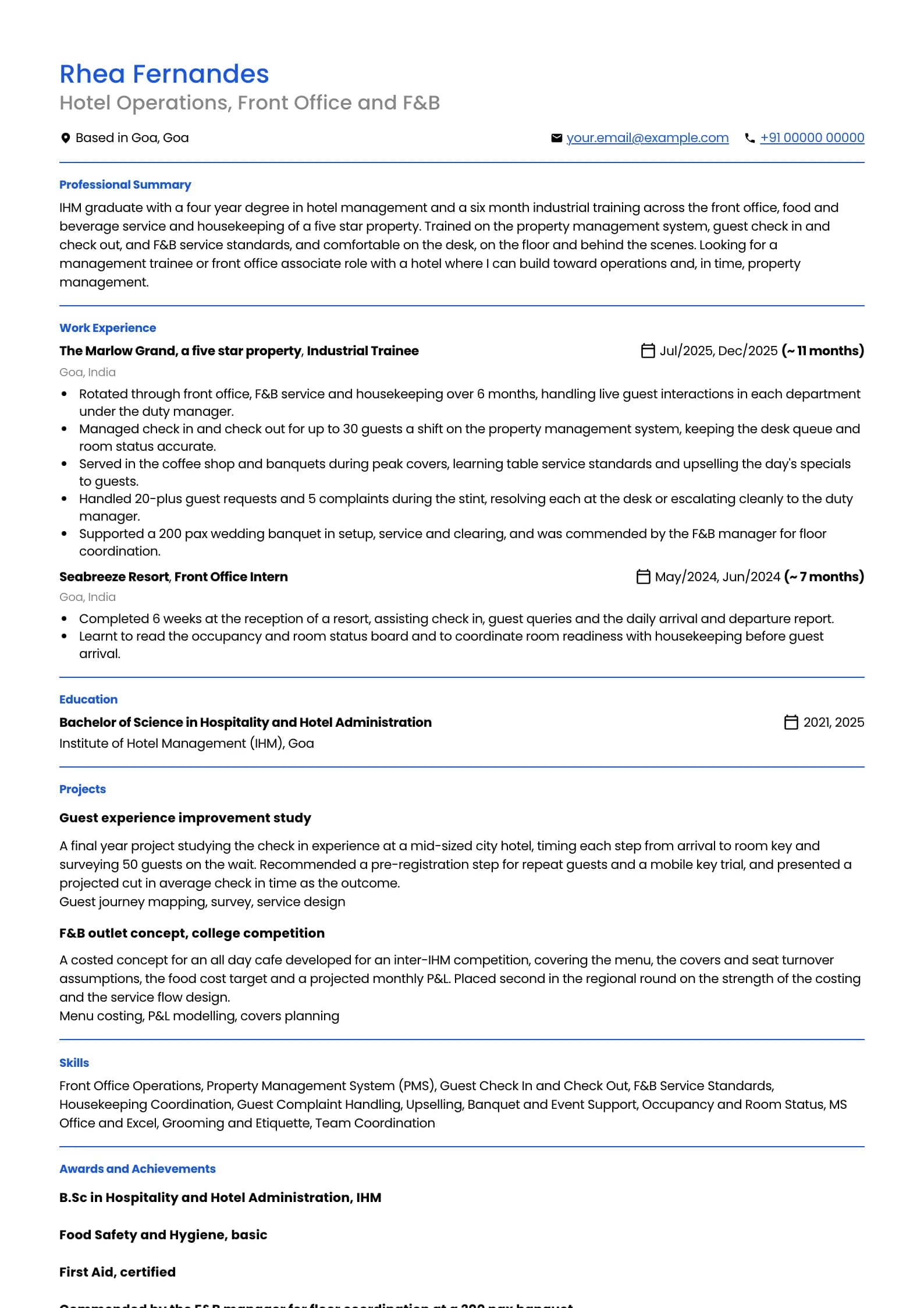 Hotel Manager resume example for Fresher (0 years), professional template, showing professional summary, work experience, projects, skills, education and certifications